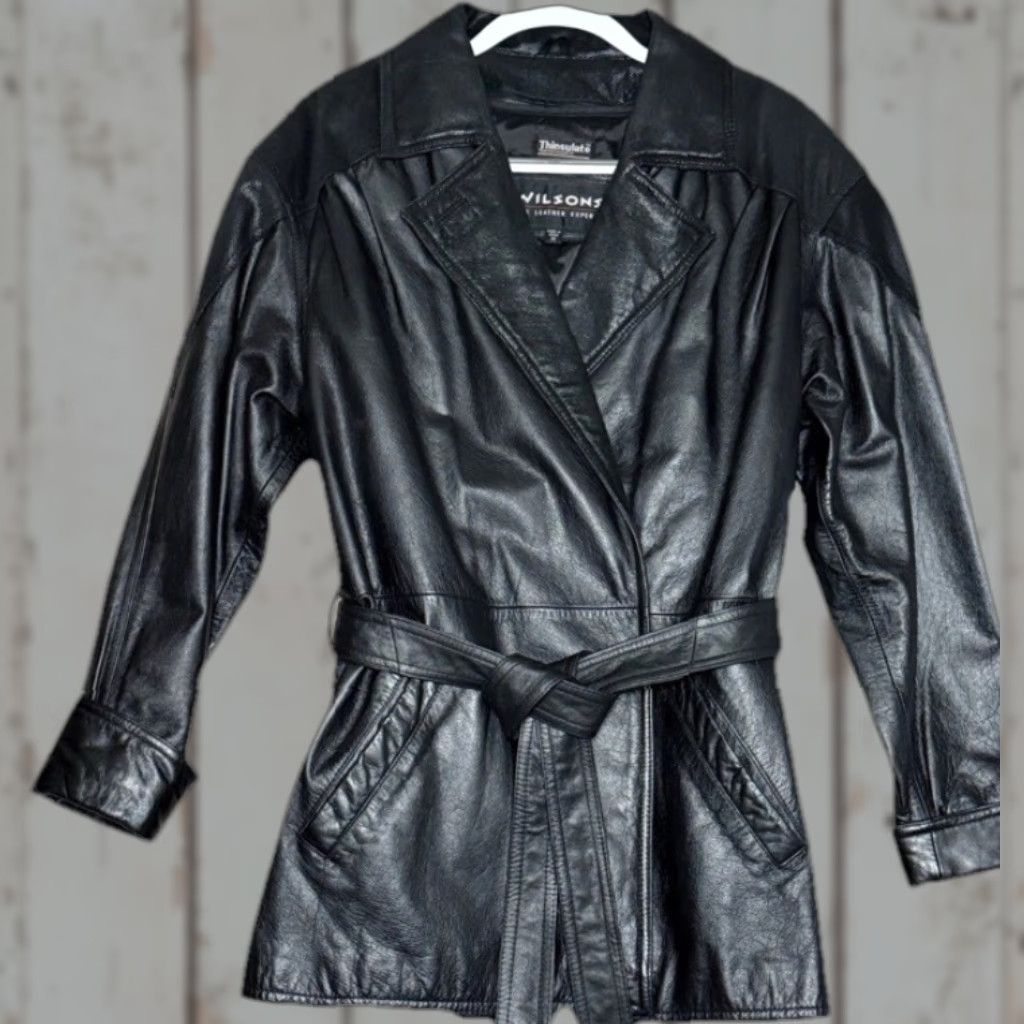 VINTAGE Wilson Leather Trench Coat Women XL Button Front Belted Pockets Thinsulate Lining 90s Classic Motorcycle Black Jacket