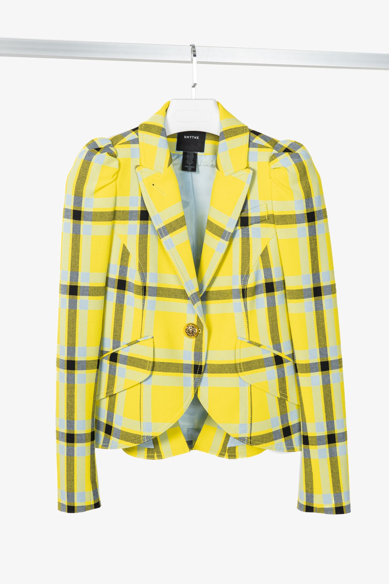 SMYTHE Smythe Lemon Plaid Pouf Sleeve One Button Blazer Size M / US 6-8 / IT 42-44 - 1 Thumbnail