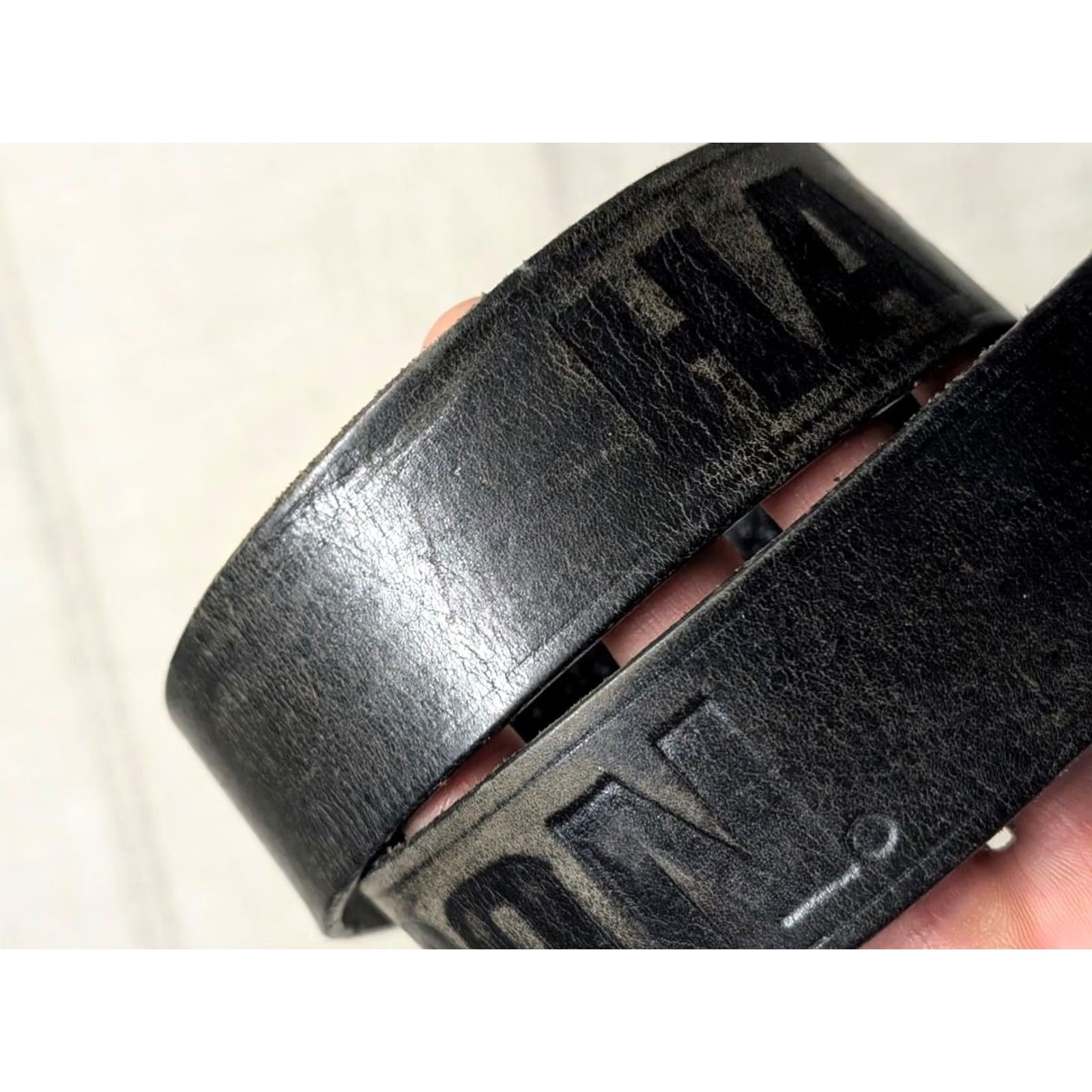 Harley Davidson VINTAGE Harley-Davidson belt Buckle USA Made 42 Black Full Grain Cowhide Leather Spellout Western Mens Belt Size 42 - 6 Thumbnail