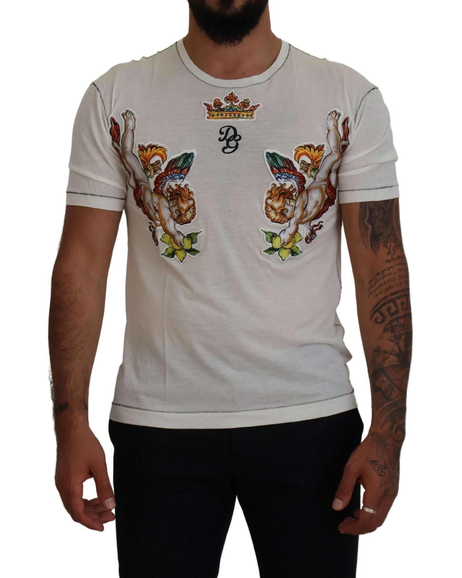 image of Dolce Gabbana Logo Print Italian Cotton Silk T-Shirt in White, Men's (Size XS)