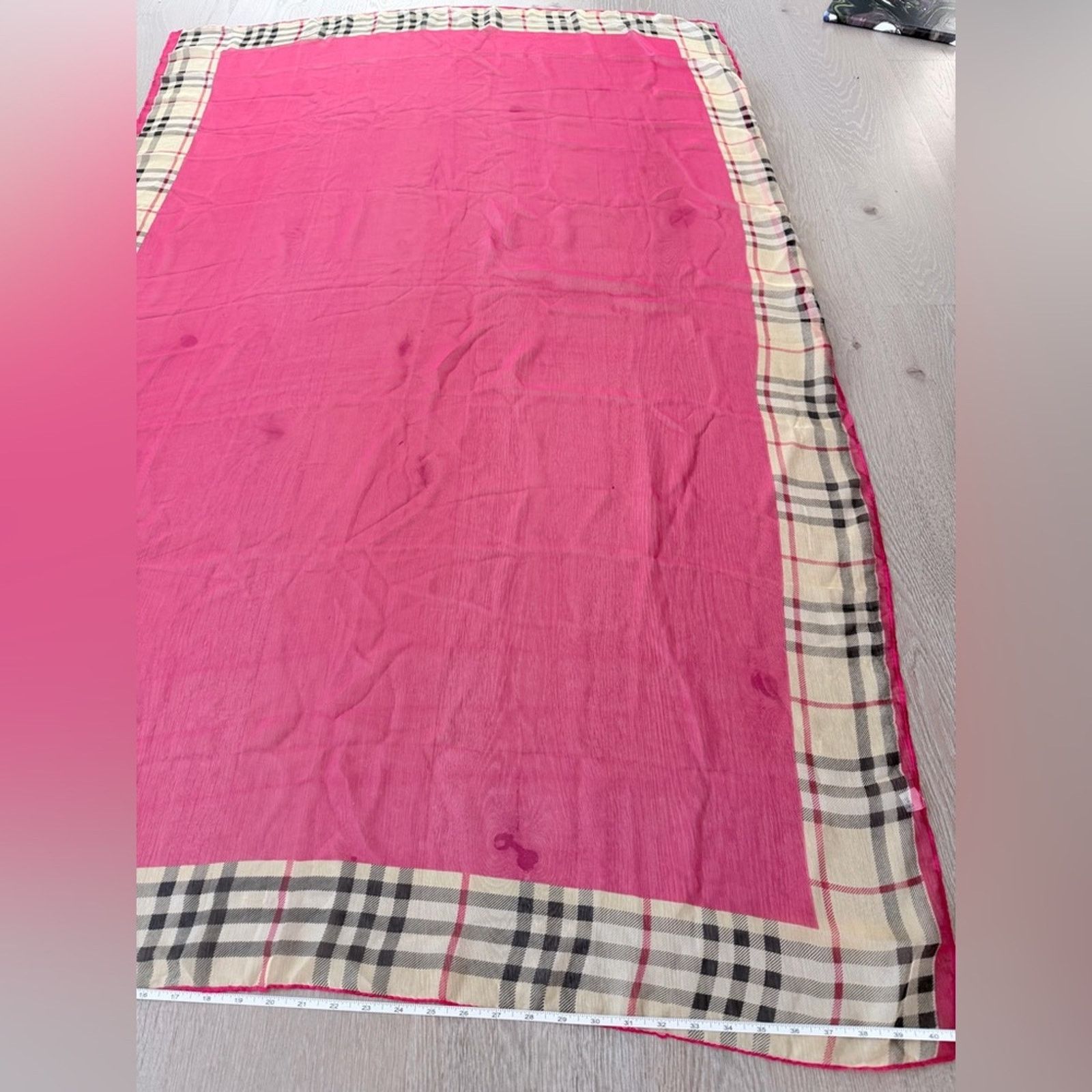 Other Pink Boho Vintage Sheer Scarf Cover up with Plaid Trim 67*42 Size ONE SIZE - 5 Thumbnail