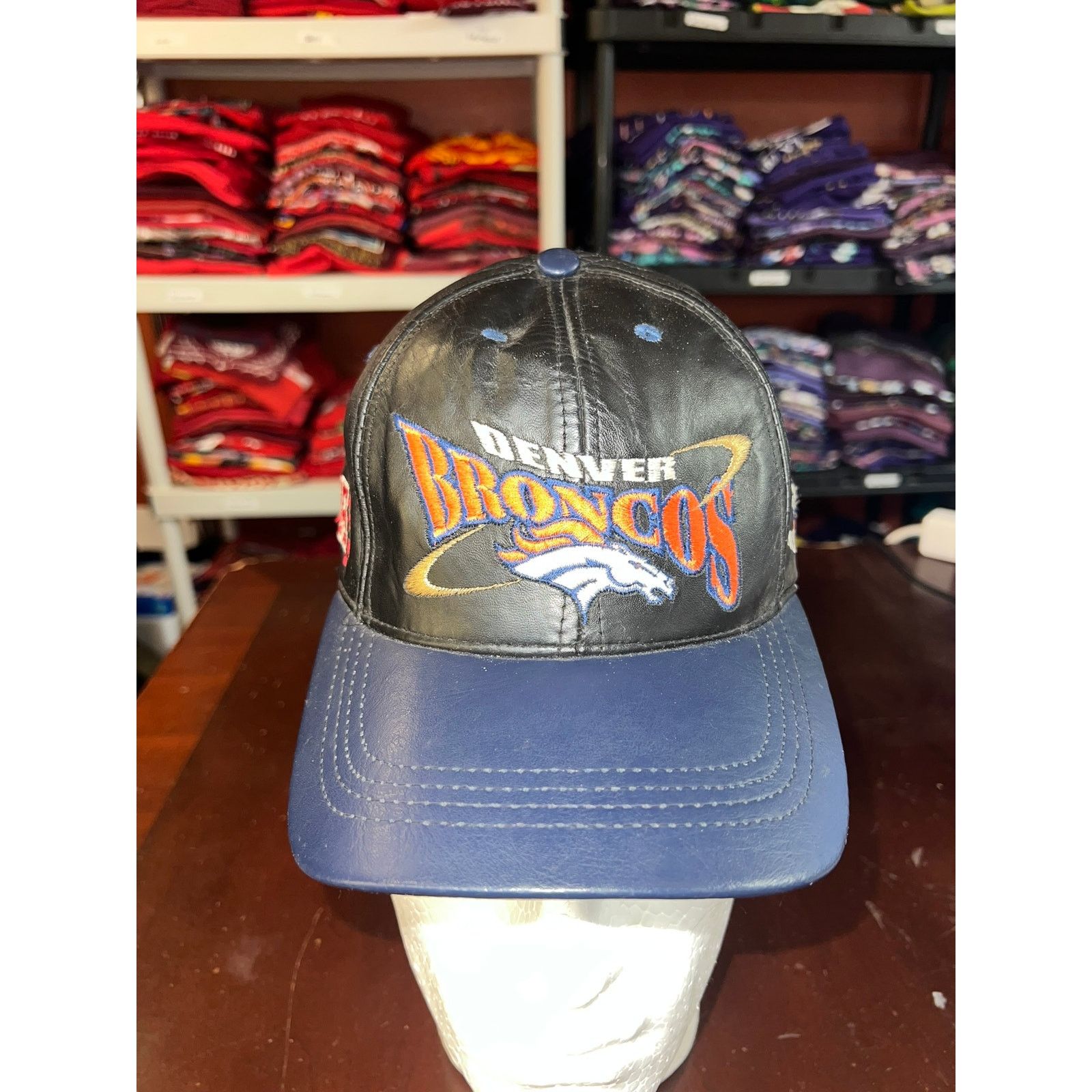 NFL Vintage Denver Broncos Leather Hat Cap Pro elite Football Size ONE SIZE - 2 Thumbnail