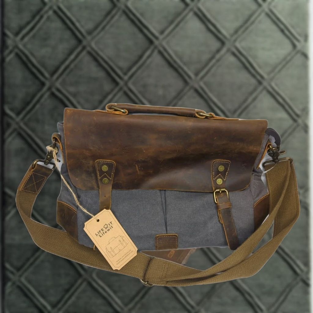Vintage Lifewit Mens Rugged Vintage Canvas Leather Messenger Bag Crossbody Satchel Gray Brown Classic Outdoor Travel Workwear Laptop Size ONE SIZE - 1 Thumbnail