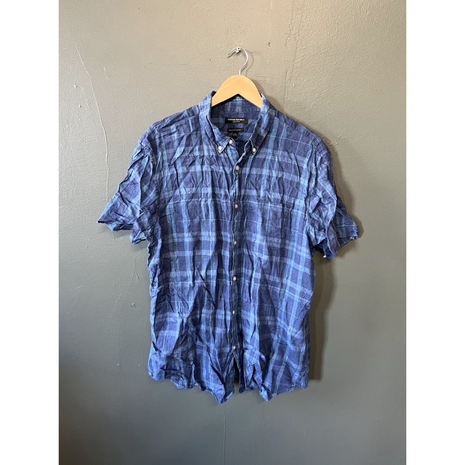 Banana Republic Banana Republic Mens Blue Plaid Short Sleeve Linen Button-Up XL Shirt Size US 36 / EU 52 - 2 Thumbnail