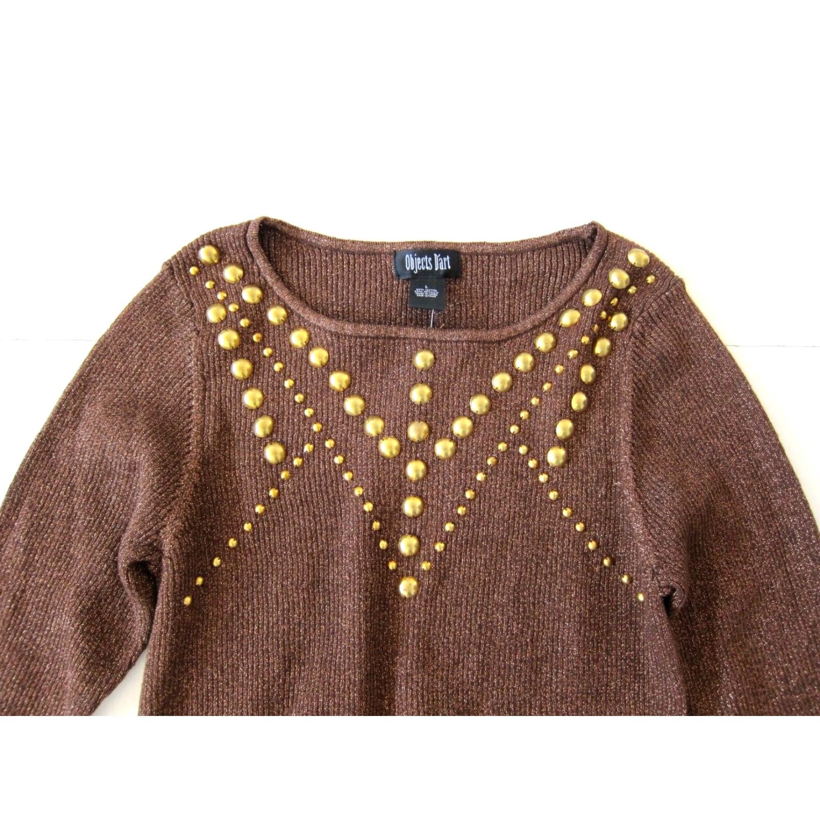Vintage Objects D'art NWT Brown Metallic Gold Studded 3/4 Sleeve Sweater Large Women Shirt Pullover Round Neck 60% cotton 40% metallic Size L / US 10 / IT 46 - 3 Thumbnail