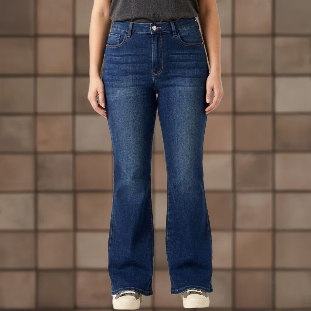 Vintage Vipones High Rise Flare Jeans Dark Wash Raw Step Hem 12 Tall EUC Womens Jeans Bohemian Retro Stretch 5-Pocket Design Zip Button Size 34" / US 12 / IT 48 - 1 Thumbnail