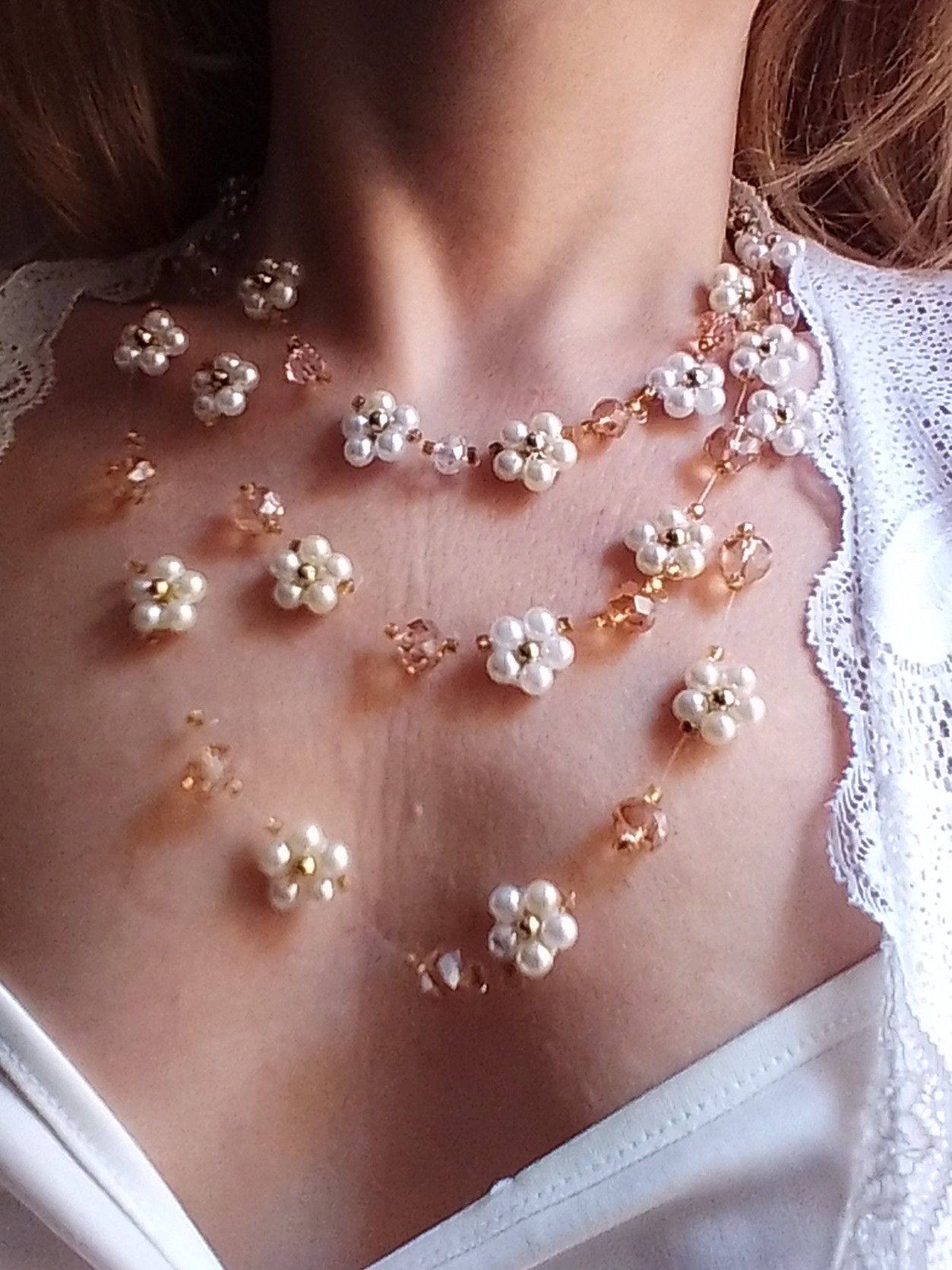 Handmade Necklace Long Beaded Flower Pearls Crystal Multithread Size ONE SIZE - 3 Thumbnail