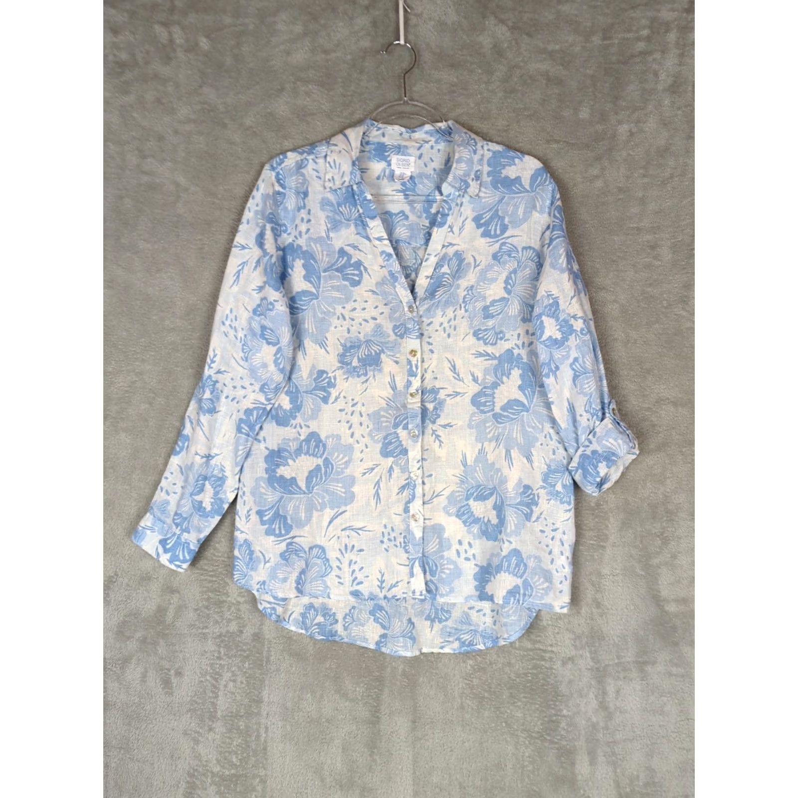 ALOHAS Sigrid Olsen Blouse M Linen Roll Tab Sleeve Button Down Blue Floral Beach Tunic Womens Size M / US 6-8 / IT 42-44 - 2 Thumbnail
