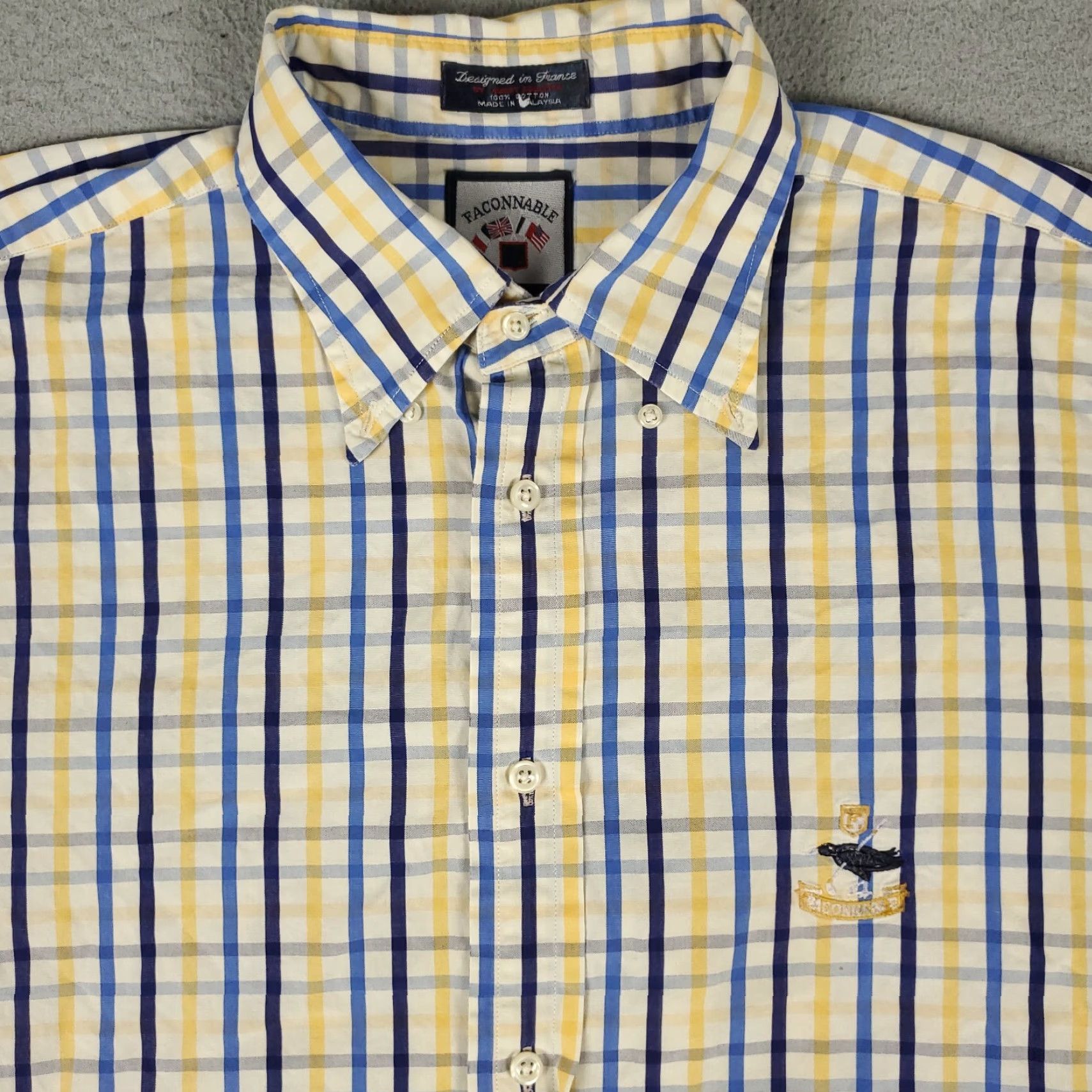 Faconnable Façonnable Casual Button-Up Shirt Mens XL Blue Yellow Check Short Sleeve Classic Preppy Size US XL / EU 56 / 4 - 2 Thumbnail