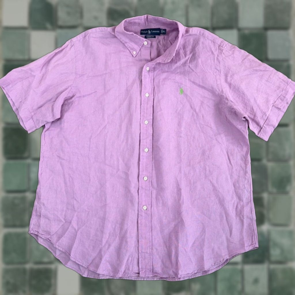 Polo Ralph Lauren VINTAGE Polo Ralph Lauren Classic Fit Shirt Men XL Lavender 100% Linen Short Sleeve Button-Up Collared Pony Embroidered Solid Size US XL / EU 56 / 4 - 1 Thumbnail