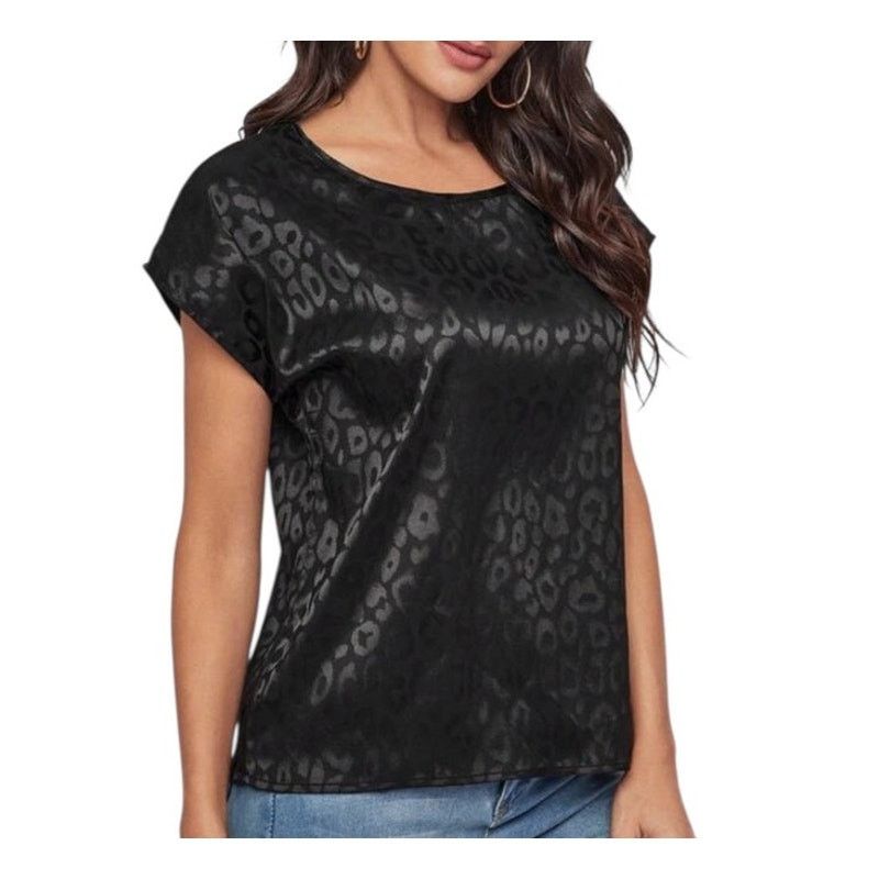 Shein Black Clasi Dolman Short Sleeve Leopard Jacquard Satin Top Size M / US 6-8 / IT 42-44 - 2 Thumbnail
