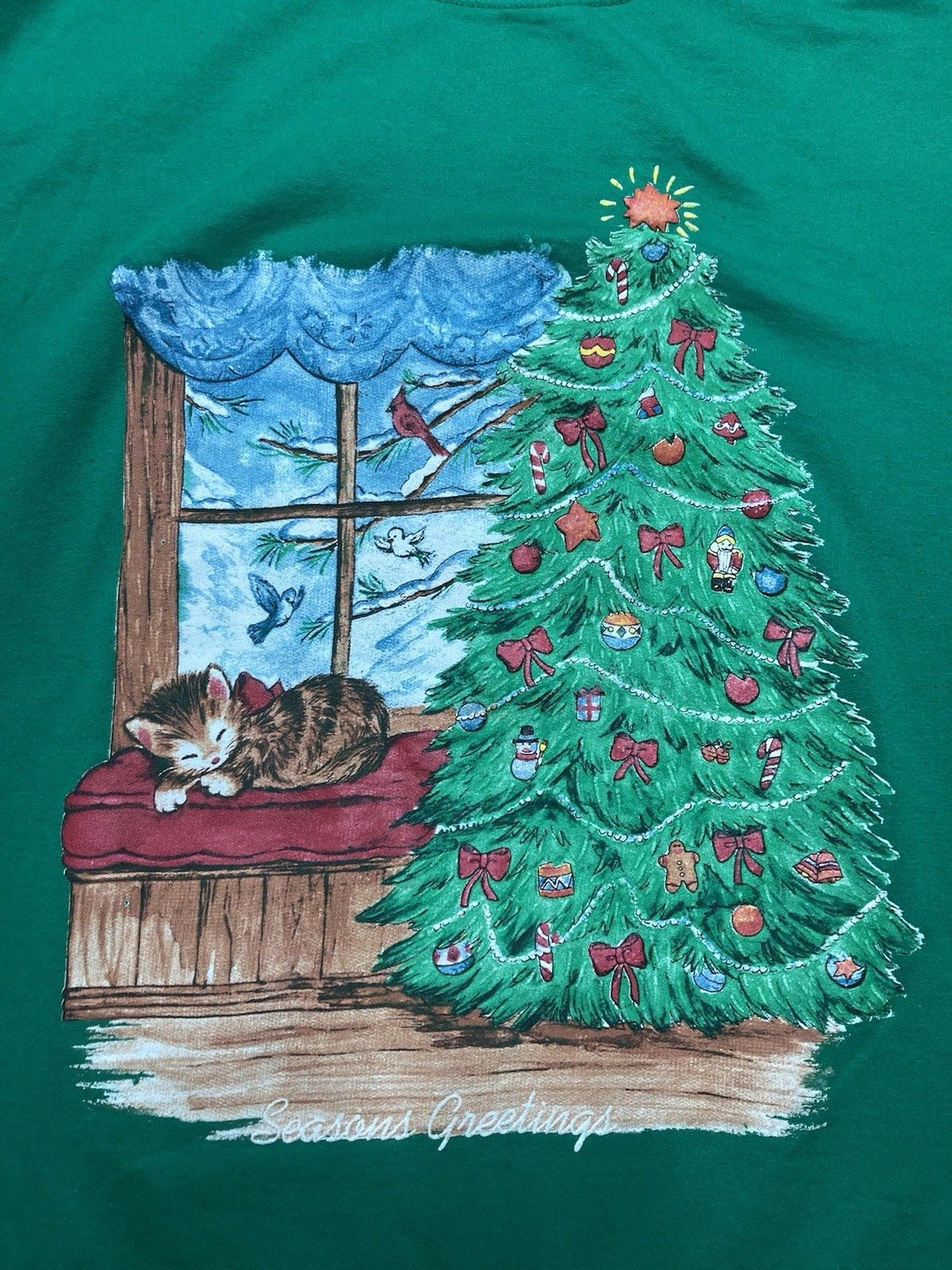Vintage 90s sweatshirt seasons greetings Christmas cat kitty cute XL Size US XL / EU 56 / 4 - 2 Thumbnail