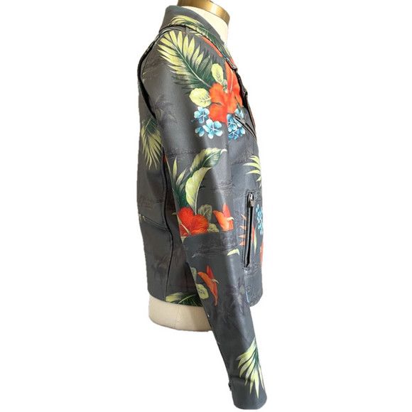 VEDA Veda Gray Tropical Print Leather Biker Jacket - Small Size S / US 4 / IT 40 - 5 Thumbnail