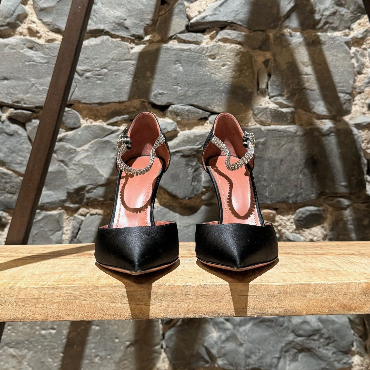 Amina Muaddi Amina Muaddi SS21 Ursina Black Satin Crystal Ankle Pumps Size US 9 / IT 39 - 2 Thumbnail