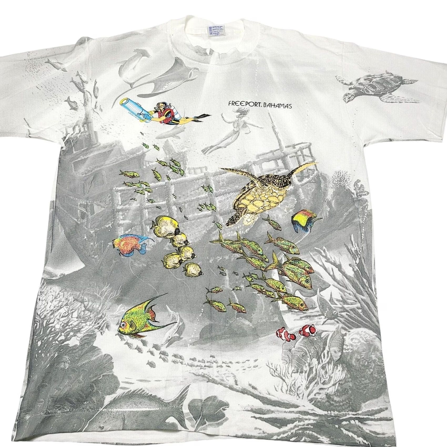 Anvil VINTAGE Underwater Ocean T-Shirt AOP Marine Stitch 90s Hanes Beefy-T Mens Size L White Crew Neck Short Sleeve Graphics 90s Mens Size US L / EU 52-54 / 3 - 2 Thumbnail