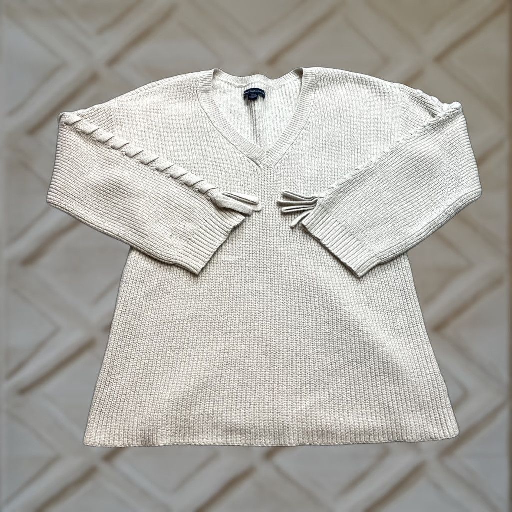 American Eagle Outfitters American Eagle Outfitters Sweater Womens S Beige Pullover Knit V-Neck Ribbed Solid Logo Size S / US 4 / IT 40 - 1 Thumbnail