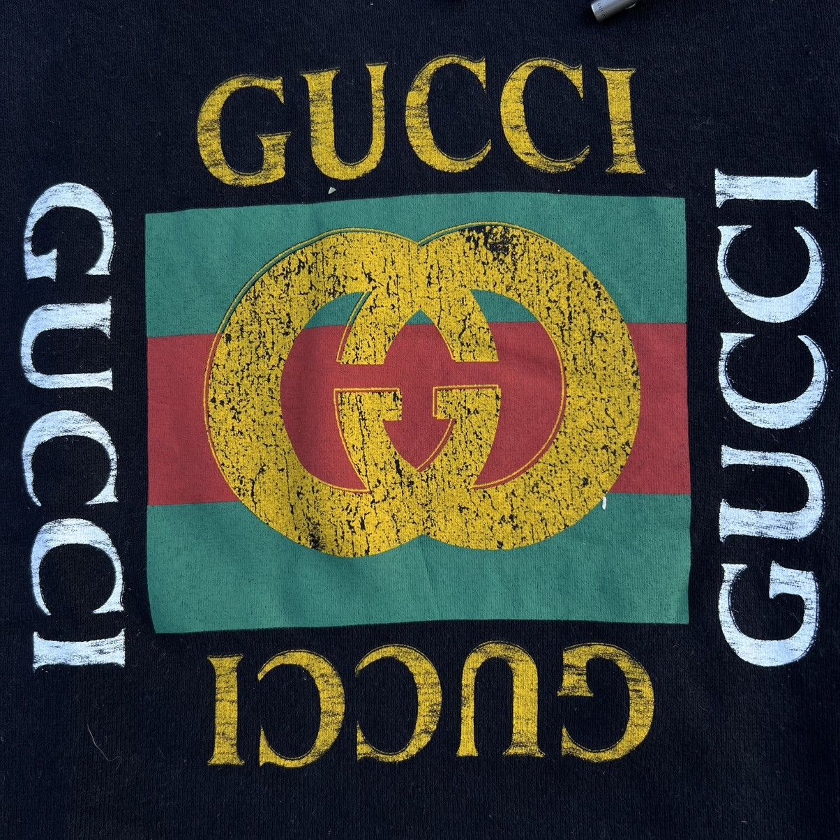 Gucci Gucci Black Distressed-Effect Logo-Print Cotton Hoodie Size US M / EU 48-50 / 2 - 3 Thumbnail