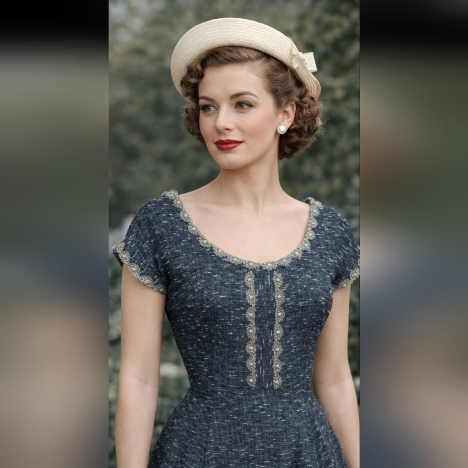 Vintage 1950s Grey Silk Tweed Rhinestone Beaded Embellished Dress L Size L / US 10 / IT 46 - 3 Thumbnail