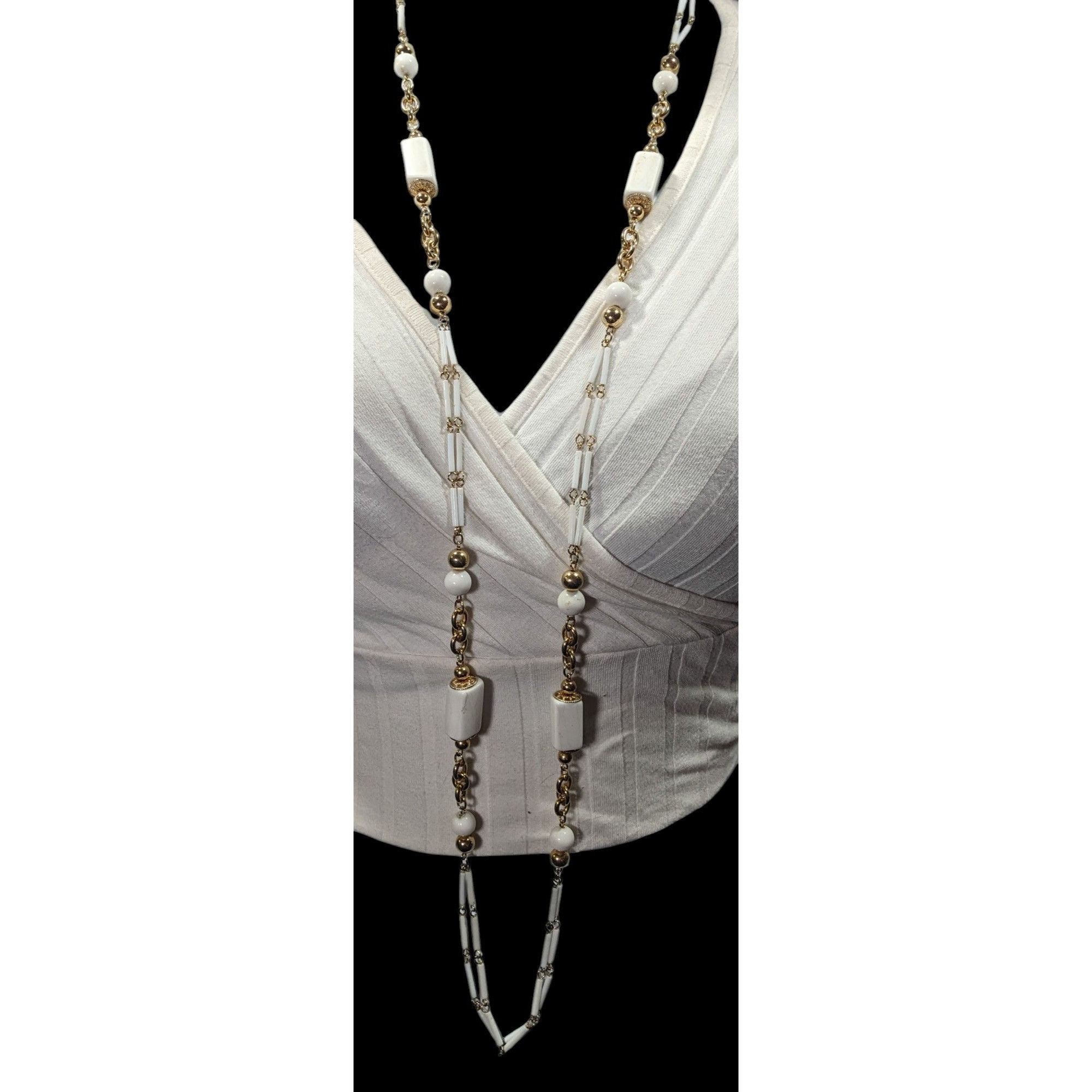 Other Vintage Glam White And Gold Tone Beaded Chain Opera Necklace Size ONE SIZE - 2 Thumbnail