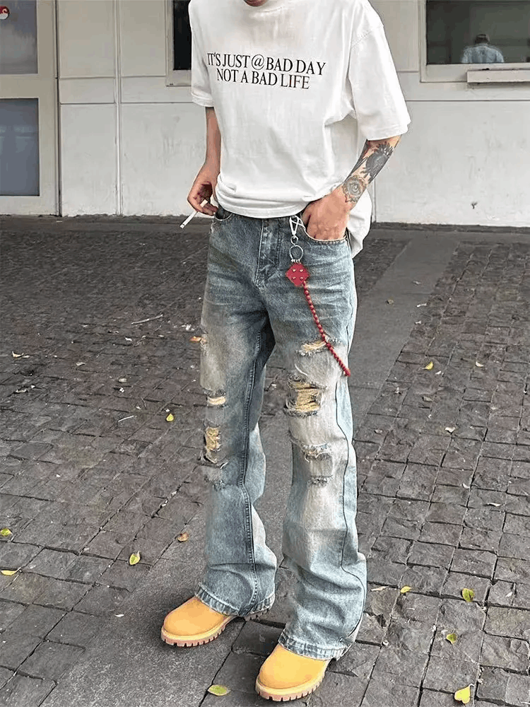 Japanese Brand × Vintage Washed vintage irregular ripped Y2K baggy jeans Size US 29 - 2 Thumbnail