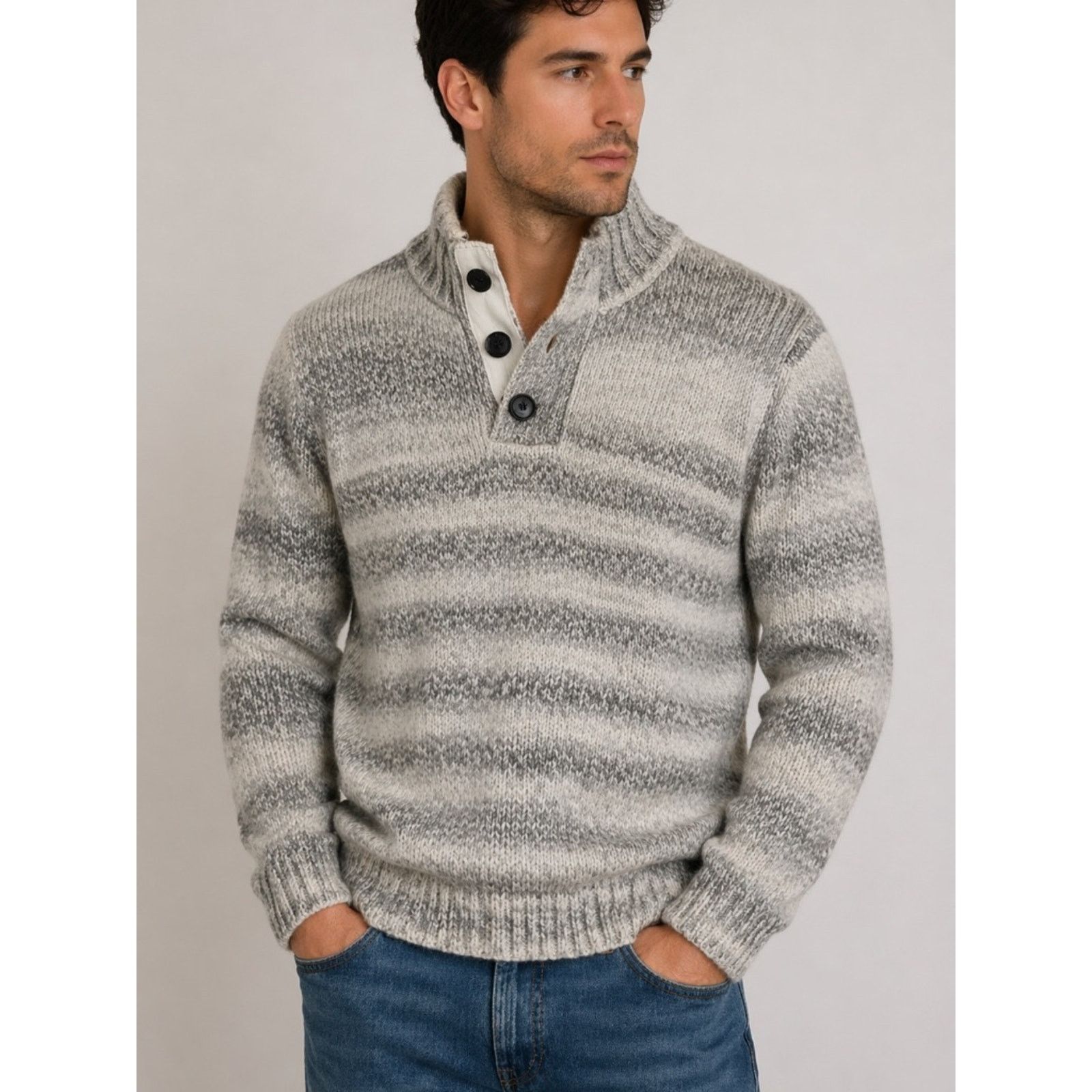 Amongst Friends Men's Grey Striped Turtleneck Button Sweater Size US M / EU 48-50 / 2 - 2 Thumbnail