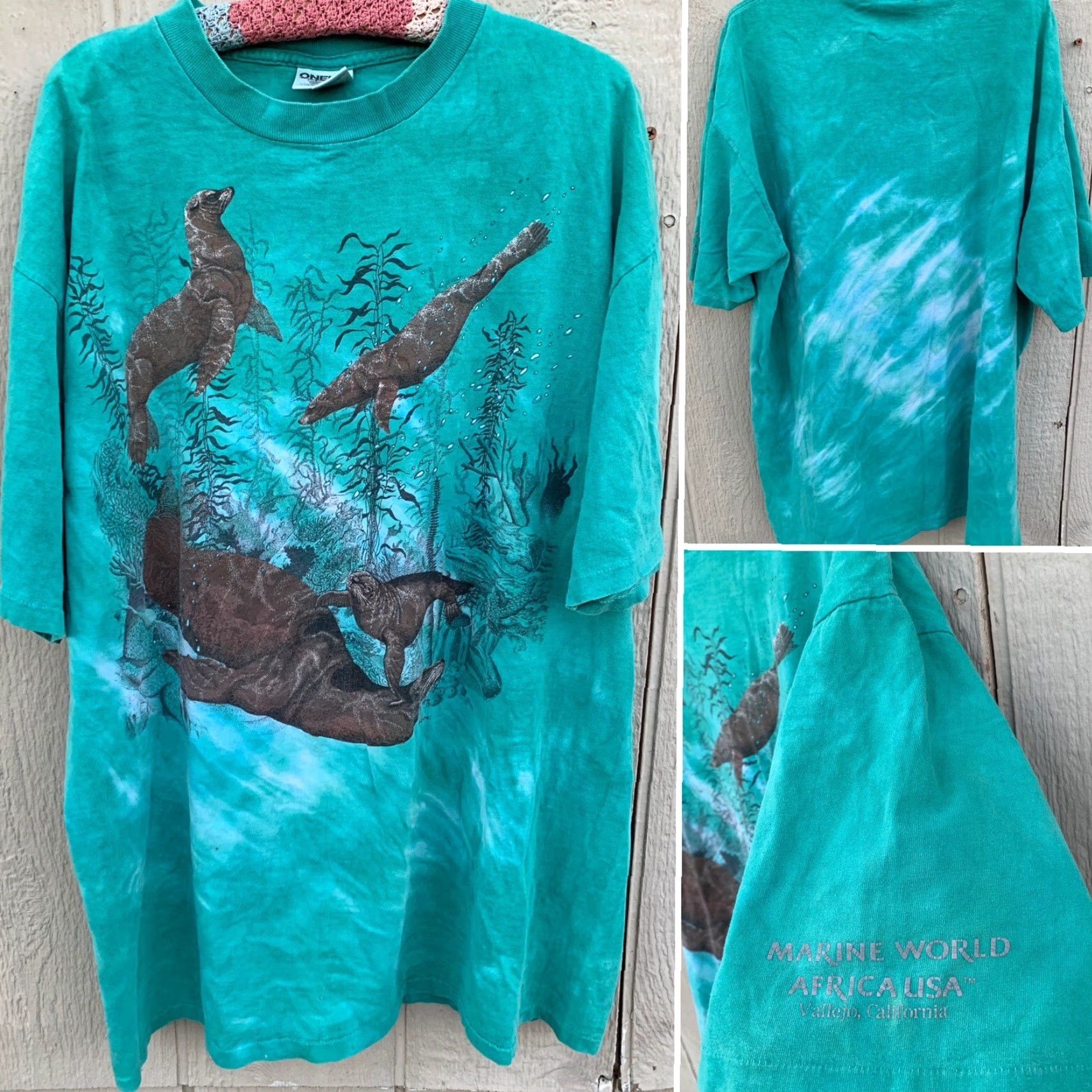 Vintage Vtg Marine World Africa USA Vallejo California Nature Tee T Shirt Seal Seals XL Shirt Men Green 1990s Graphic Tee USA Sportswear/Beach Size US XL / EU 56 / 4 - 2 Thumbnail