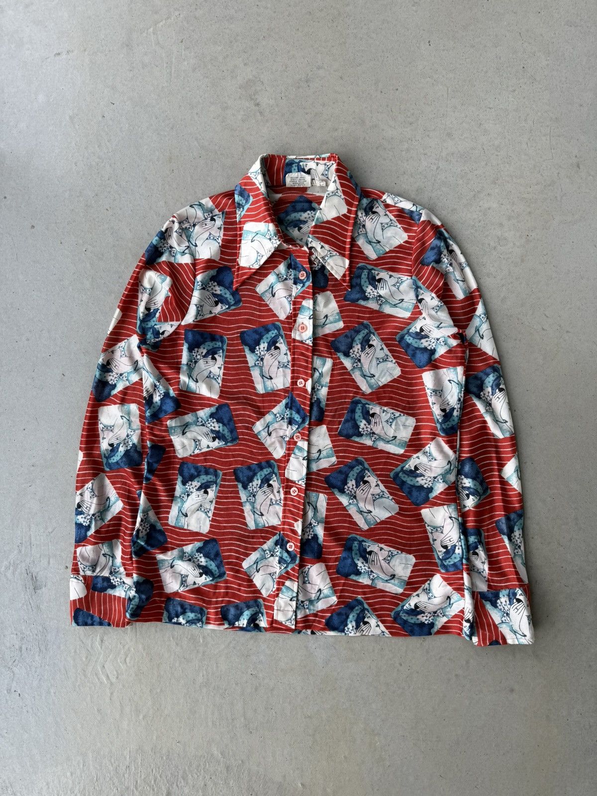 Vintage Vintage 1970s Face Paintings Red Long Sleeve Button Up Shirt Size US S / EU 44-46 / 1 - 1 Thumbnail