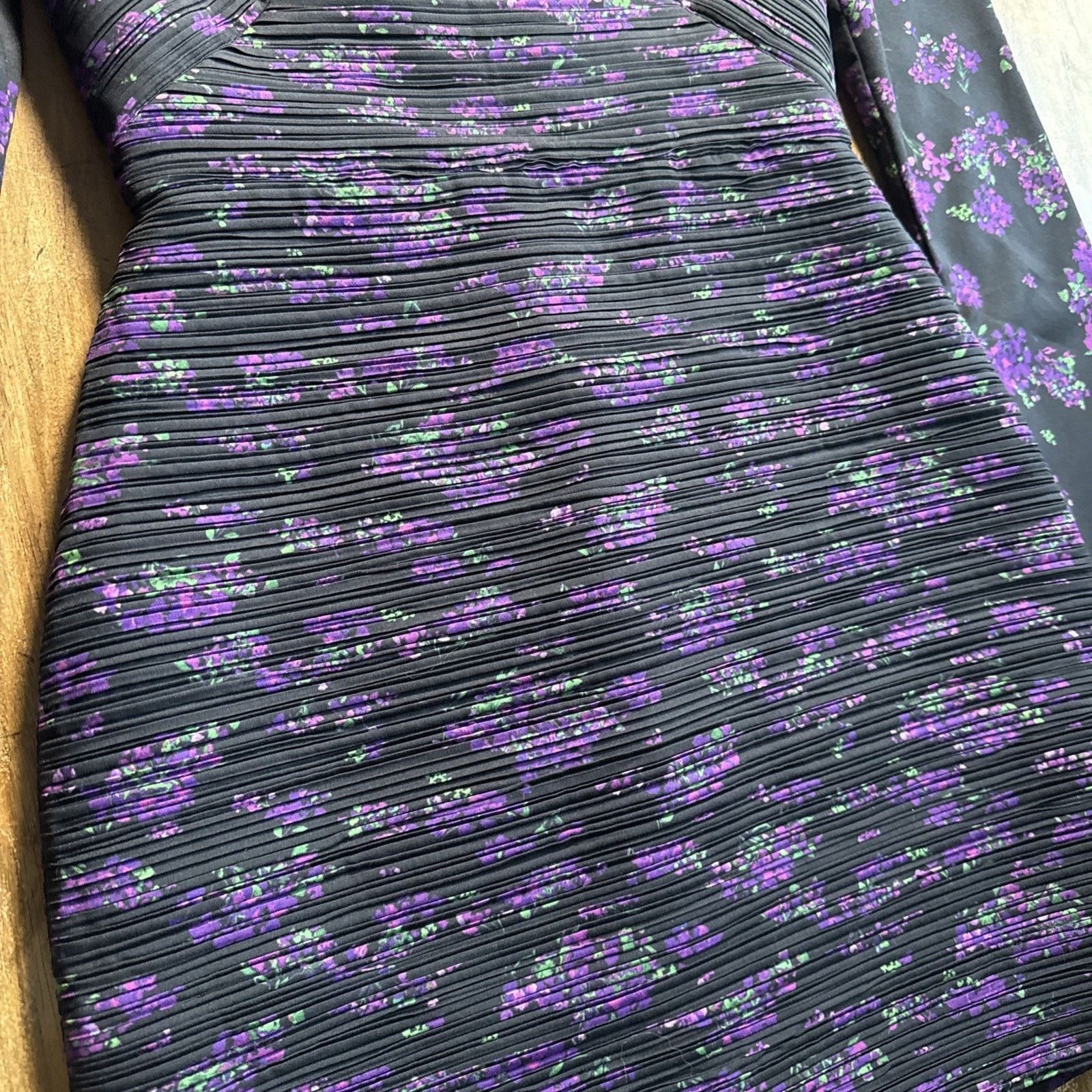 Amur Amur Giulia Black Purple Pleated Floral Print L/S Mini 0 Size XS / US 0-2 / IT 36-38 - 3 Thumbnail