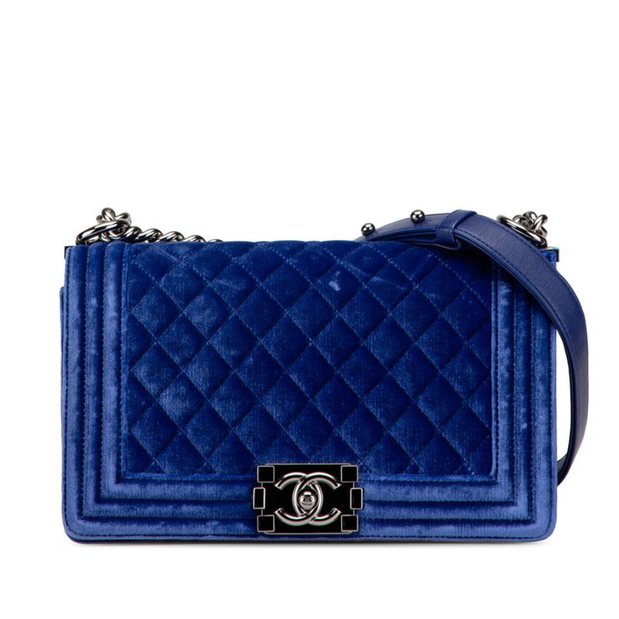 Chanel Matelasse Boy Coco Mark Chain Shoulder Bag Blue Velour Leather Women's Chanel