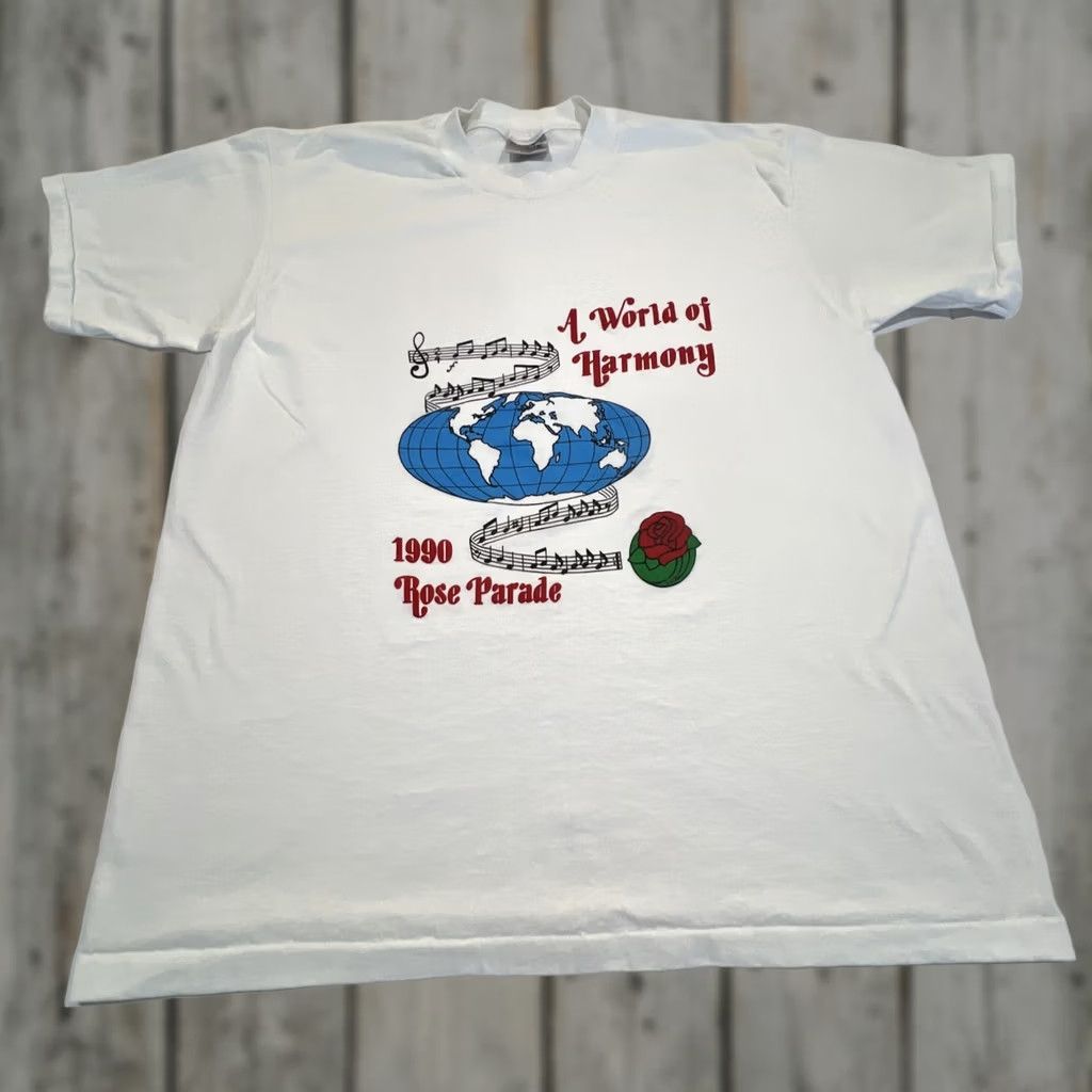 Vintage VINTAGE 1990 Rose Parade Shirt XL Graphic A World Of Harmony Single stitch White Unisex Cotton Original Tee Oneita Size US XL / EU 56 / 4 - 1 Thumbnail