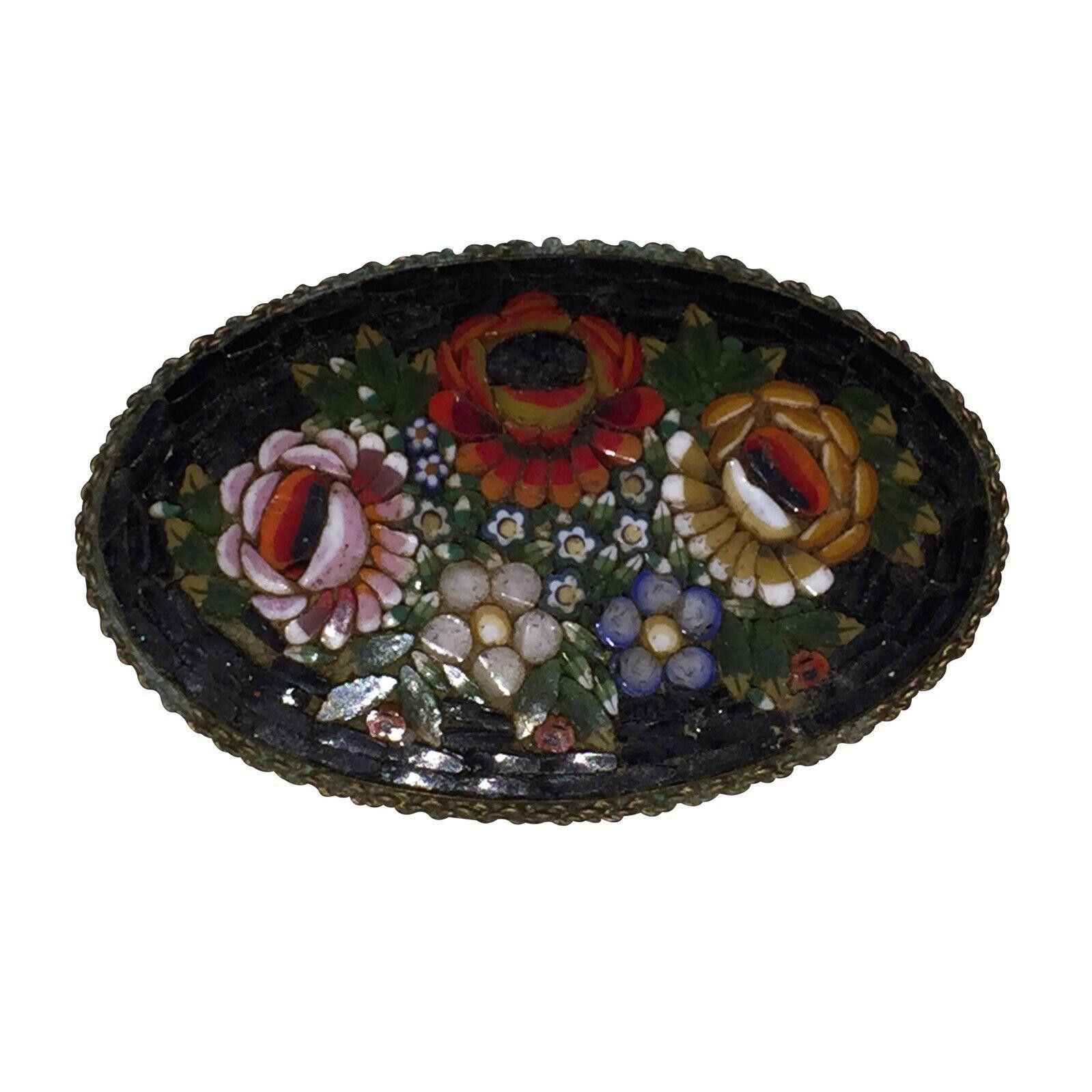 Designer Italian Black Floral Mosaic Souvenir Oval Pin Size ONE SIZE - 1 Thumbnail