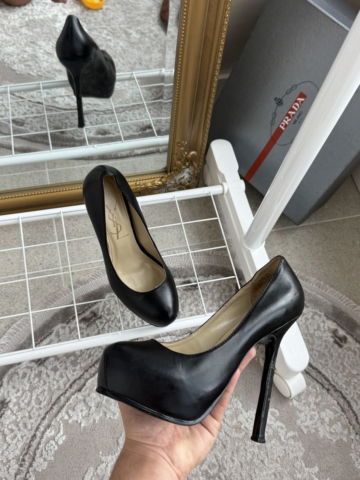 Yves Saint Laurent Saint Laurent (YSL) Tribute Platform Pumps in Black Leather Size US 7 / IT 37 - 1 Thumbnail