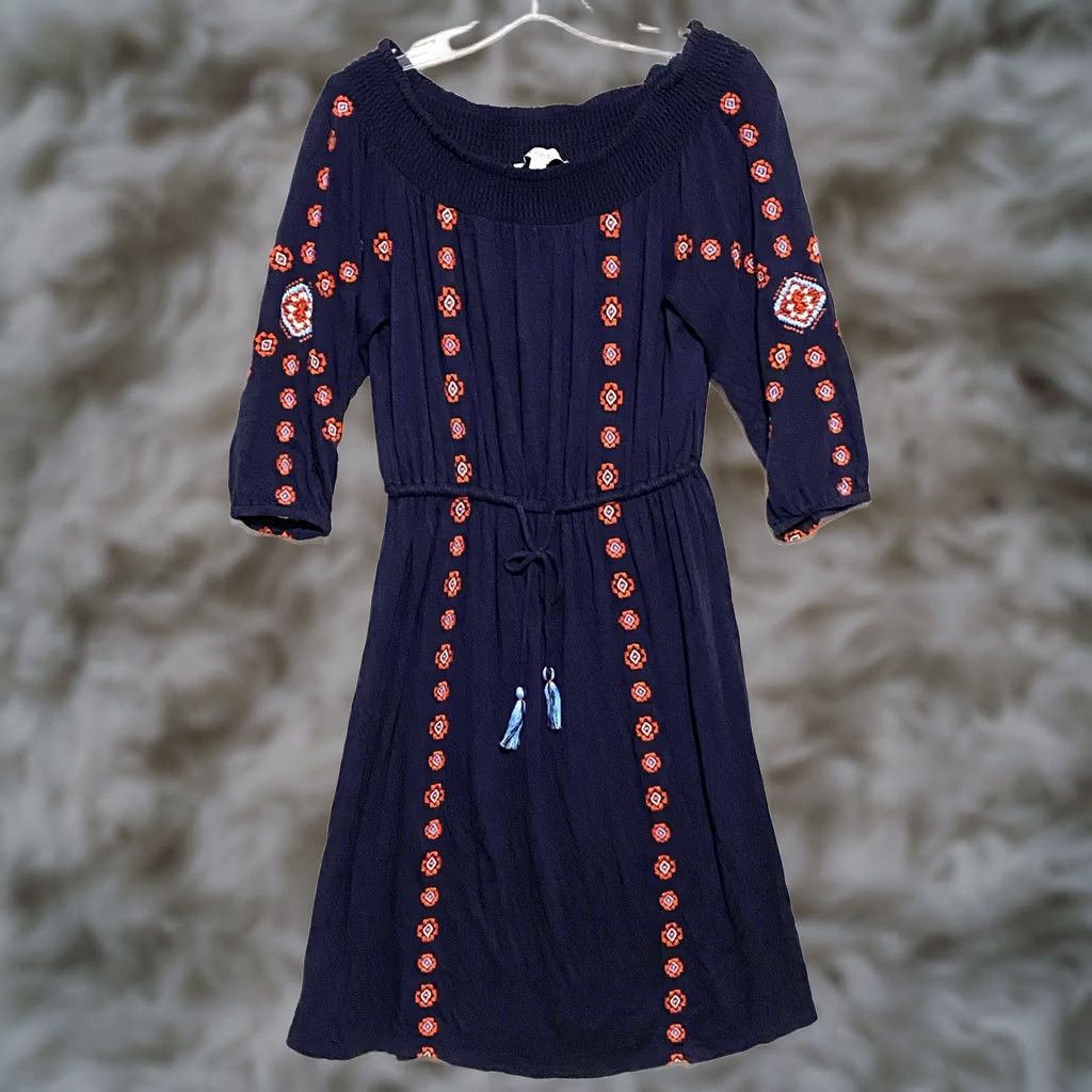 Loft Loft Off Shoulder Embroidered Navy Dress S Tassel Boho Peasant Cinched Tie Waist Dress Women S Navy Geometric Embroidery Bohemian 90s Inspired Size S / US 4 / IT 40 - 1 Thumbnail