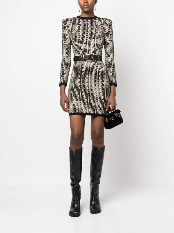Balmain o1s1wg110725 Monogram Jacquard Dress in Black/White Size M / US 6-8 / IT 42-44 - 2 Thumbnail