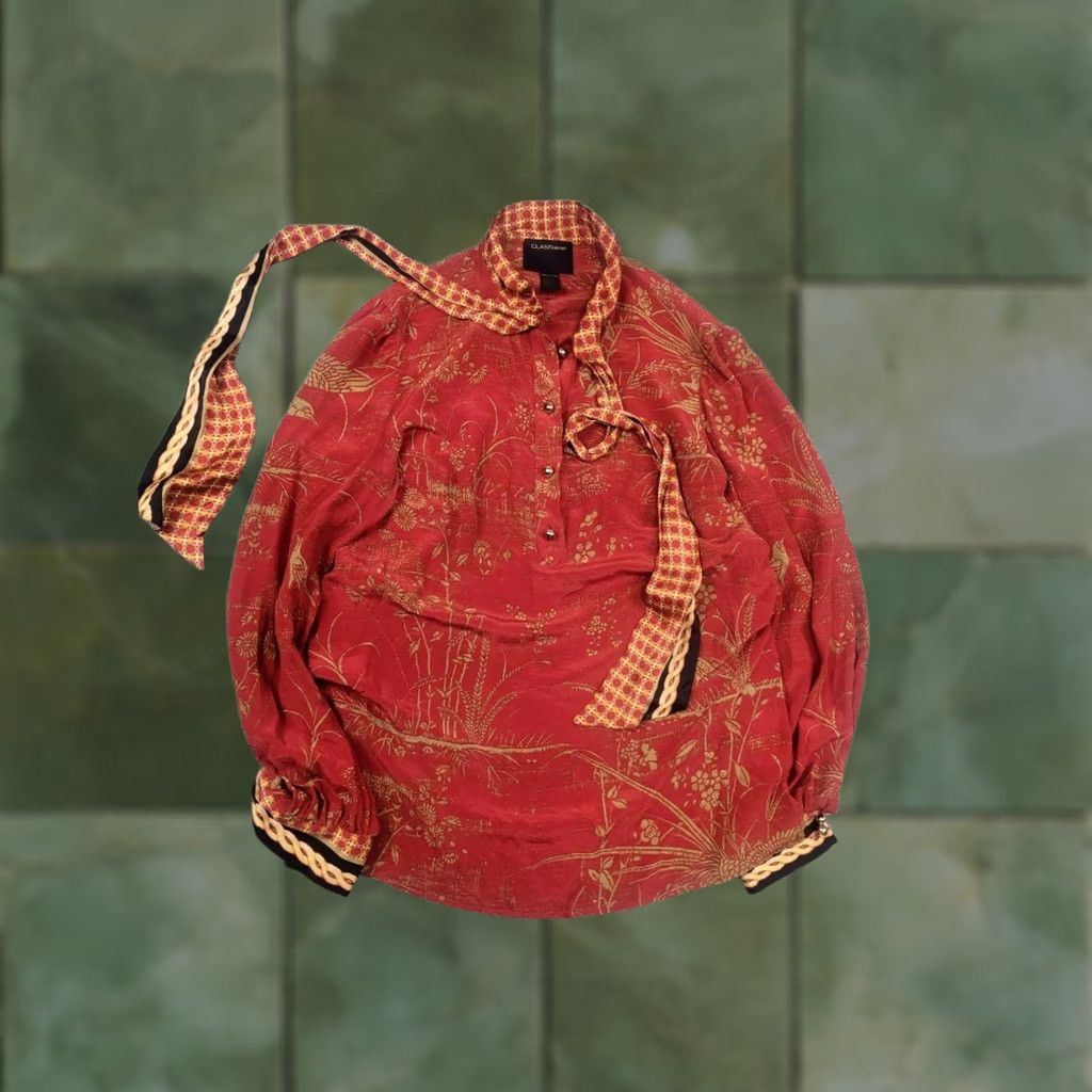 Roberto Cavalli Roberto Cavalli Silk Blouse XL Red Floral Pattern Collared Tie Long Sleeve - Womens - Silk - 90s City Designer Theme - Regular Fit - Dry Clean Only Size XL / US 12-14 / IT 48-50 - 1 Thumbnail