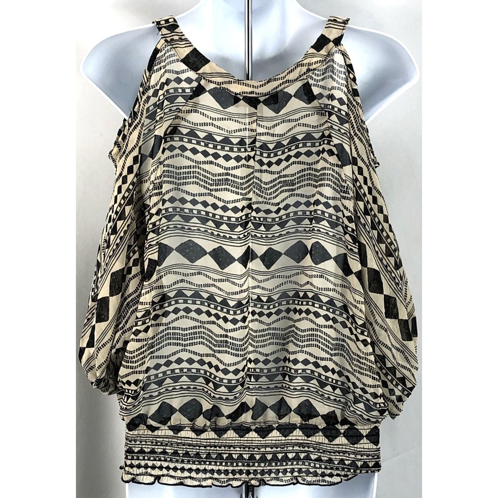 Vintage Vintage Cold shoulder Top m Beige BIK Geo Smocked Hem Tie Keyhole Y2K Boho Flowy Size M / US 6-8 / IT 42-44 - 3 Thumbnail