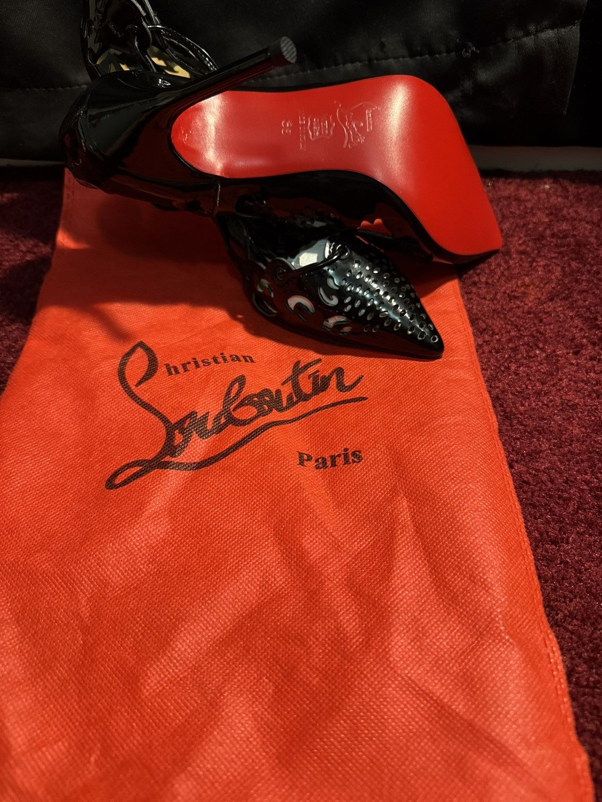 Christian Louboutin Christian Louboutin Black Patent Leather LaserCut Heels Mint Size US 7 / IT 37 - 1 Thumbnail