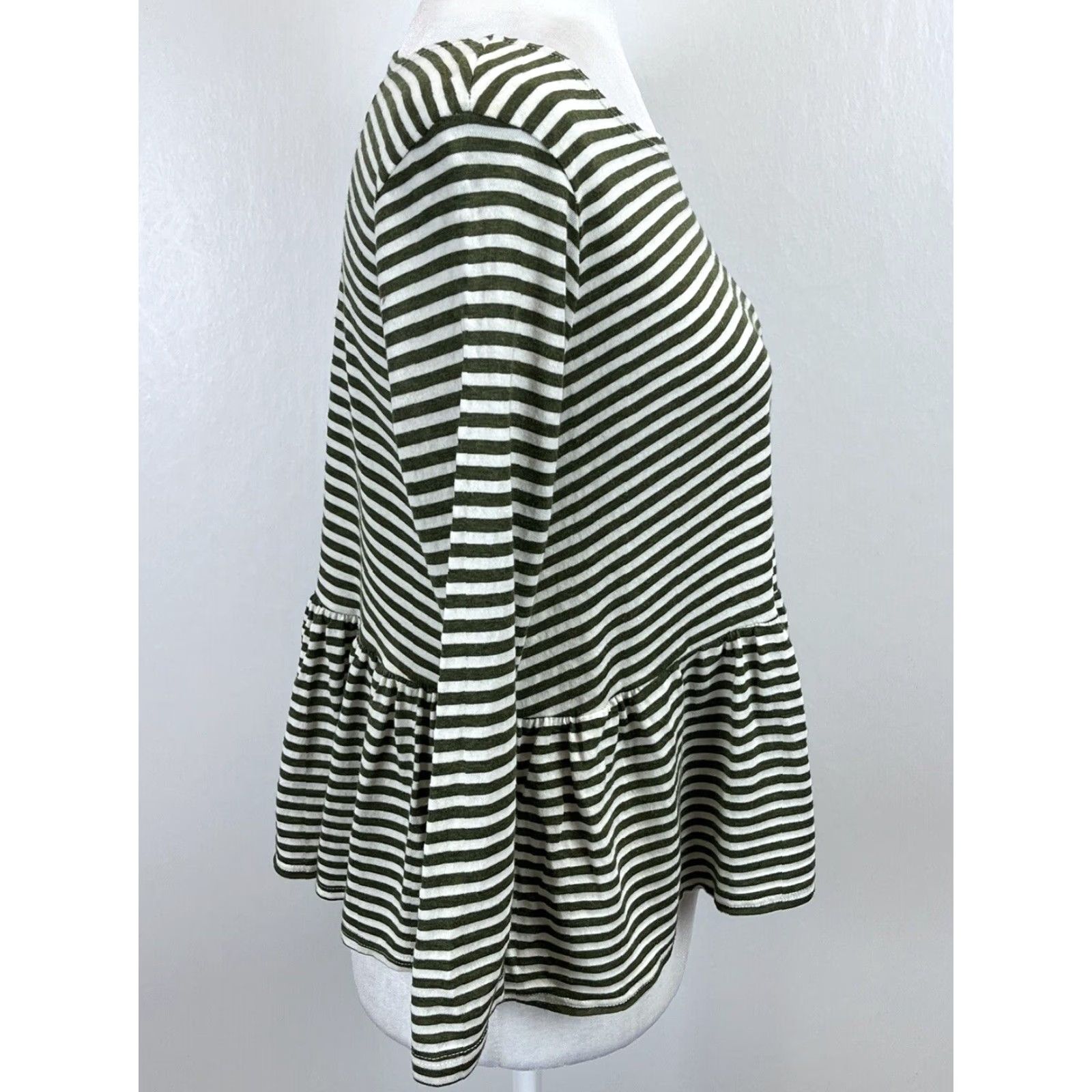 Free People Free People We The Free Peplum Striped T-Shirt Women's XS Green White, Casual Bohemian Cotton Blend Long Sleeve Round Neck Size XS / US 0-2 / IT 36-38 - 4 Thumbnail