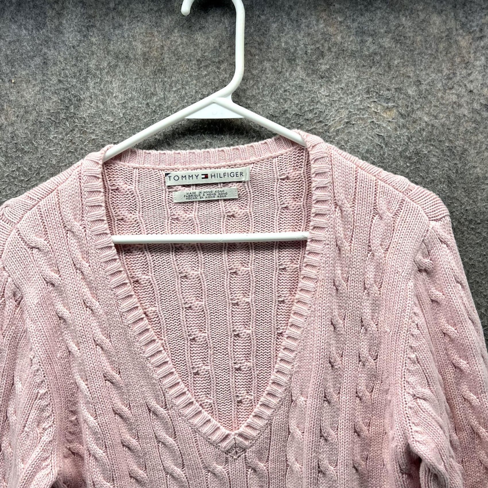 Tommy Hilfiger Tommy Hilfiger Sweater Womens Medium Pink Cable Knit V-Neck Pullover Cotton Size M / US 6-8 / IT 42-44 - 5 Thumbnail