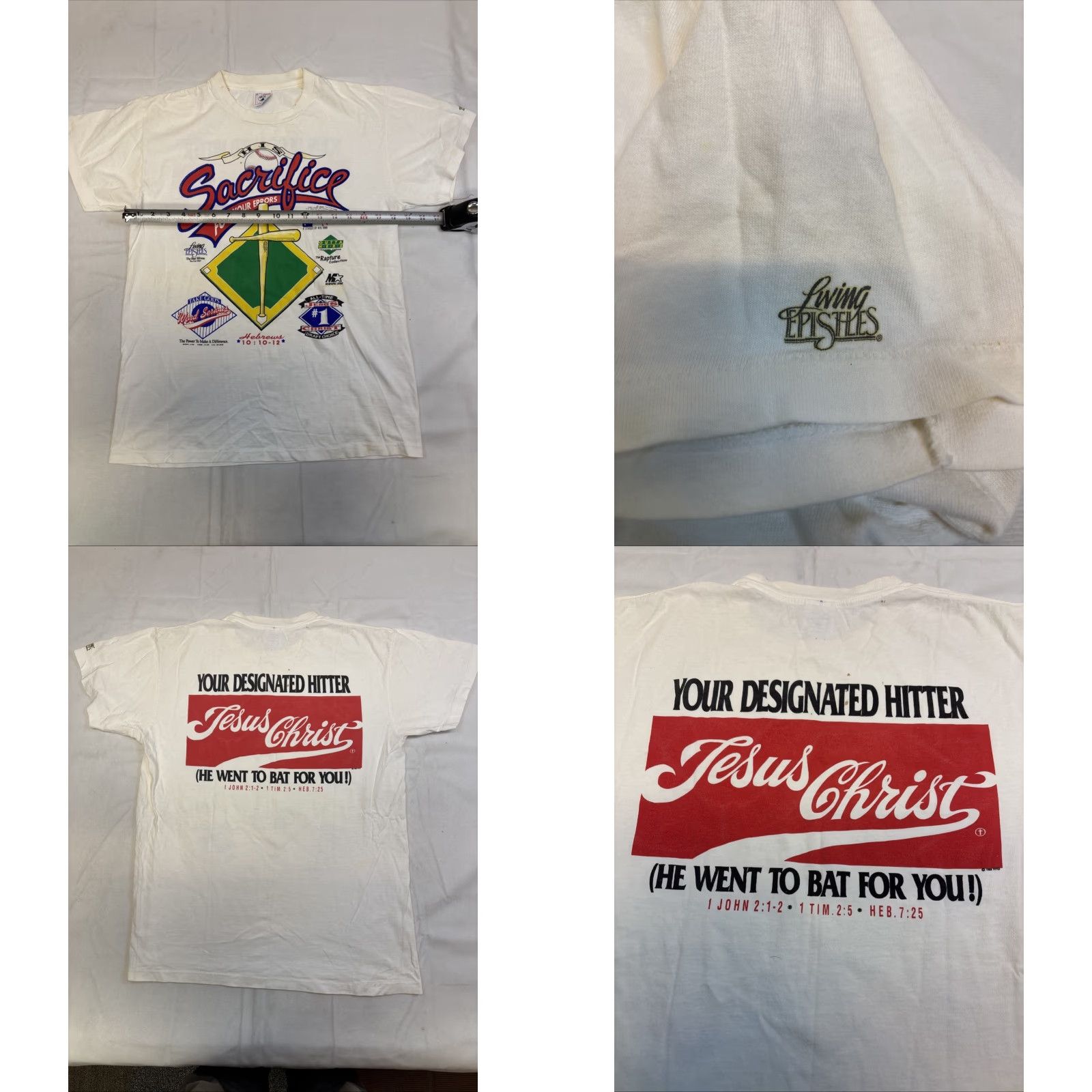 Vintage VINTAGE Living Epistles Sacrifice For Your Errors Baseball Jesus Shirt M Men White T-Shirt Size US M / EU 48-50 / 2 - 8 Thumbnail