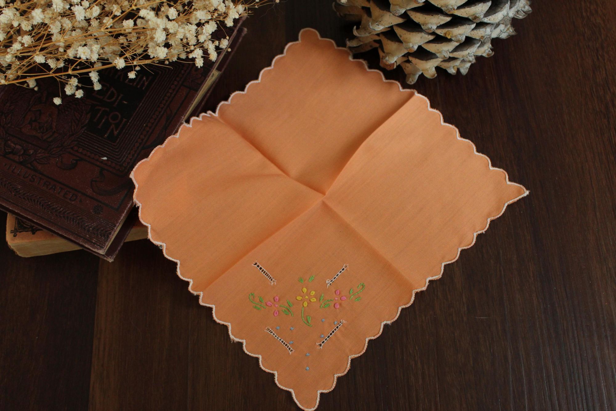 Vintage Vintage Handkerchief, Orange Cotton with Floral Embroidered Size ONE SIZE - 6 Thumbnail