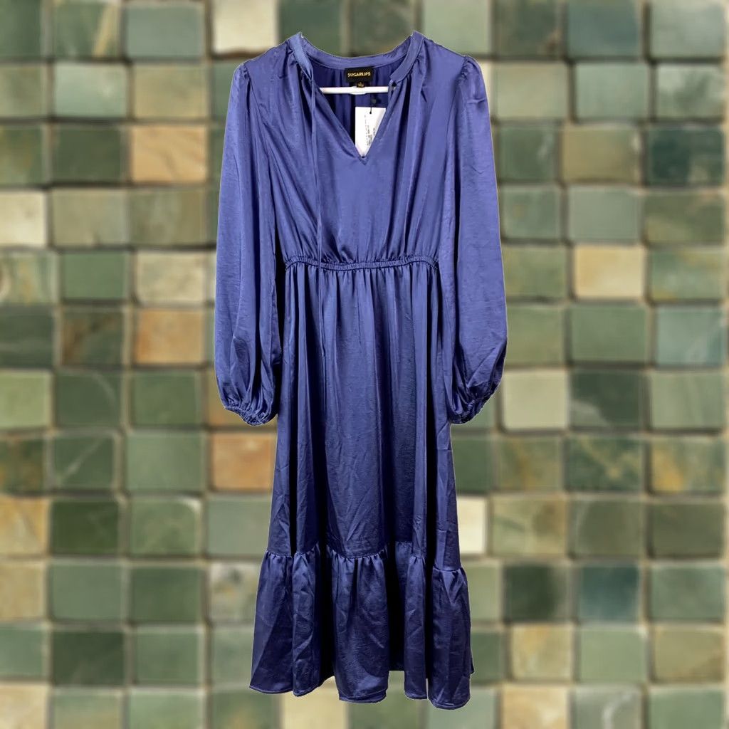 Sugar Sugarlips Sugar Lips Blue Satin Boutique Midi Dress S NWT Long Sleeve Cap Sleeve Fit & Flare Casual Party/Cocktail Travel Womens Modern Satin Dress Size S / US 4 / IT 40 - 1 Thumbnail