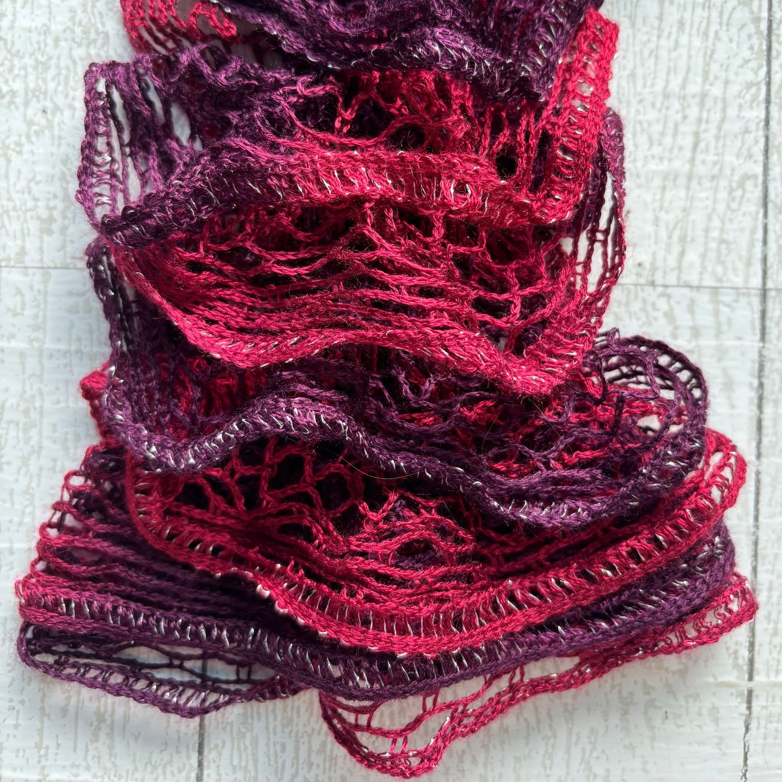 Handmade Handmade Crocheted Ruffle Red Purple Scarf Silver Accents Size ONE SIZE - 2 Thumbnail
