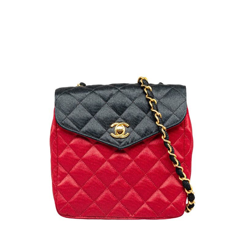 image of Chanel Quilted Satin Chain Shoulder Bag in Red, Women's