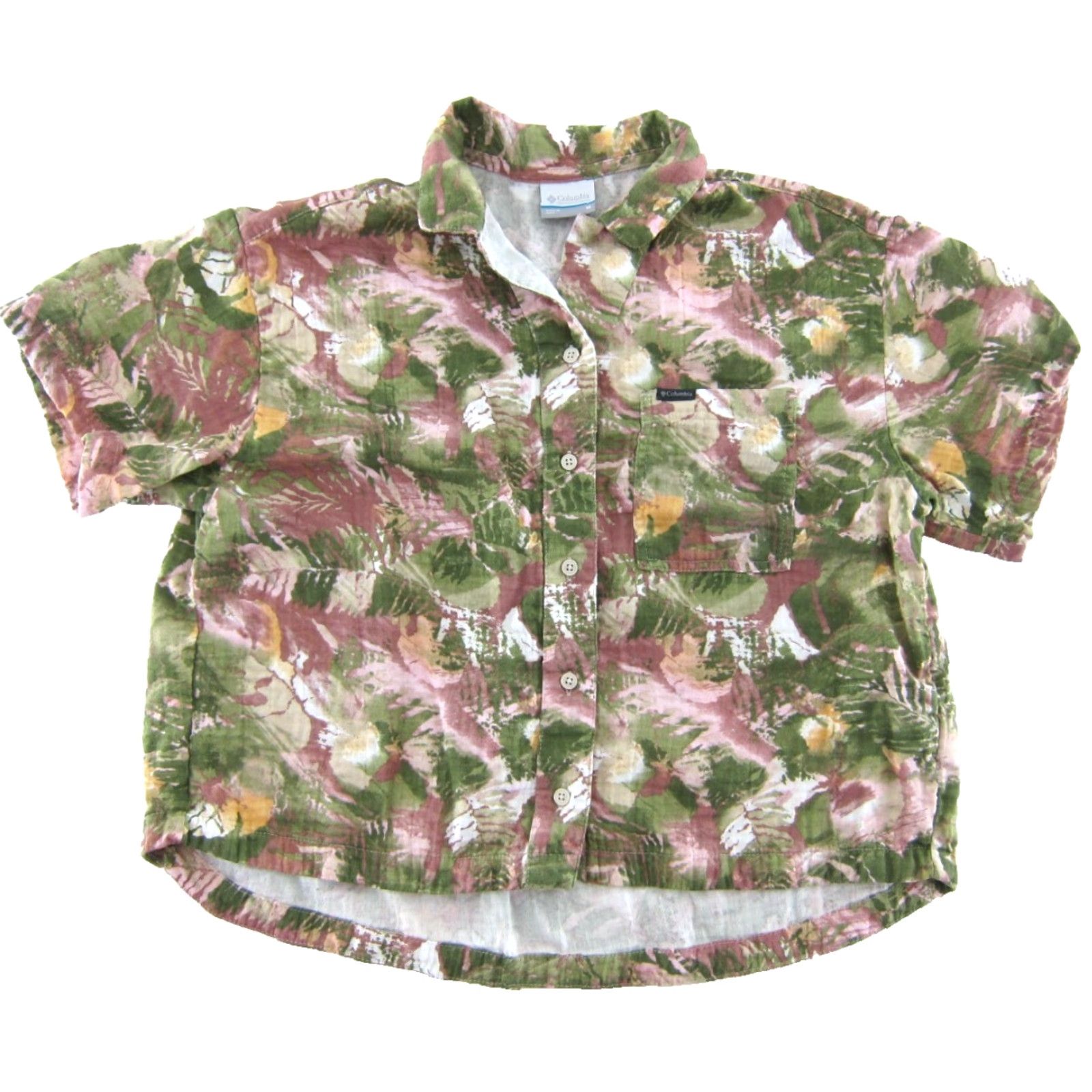 Pinko Columbia Button-Up Short Sleeve Blouse M - 100% Cotton Floral Pink Yellow Green, Womens, 100% Cotton Olors, Classic Fit, Collared Shirt Size M / US 6-8 / IT 42-44 - 2 Thumbnail