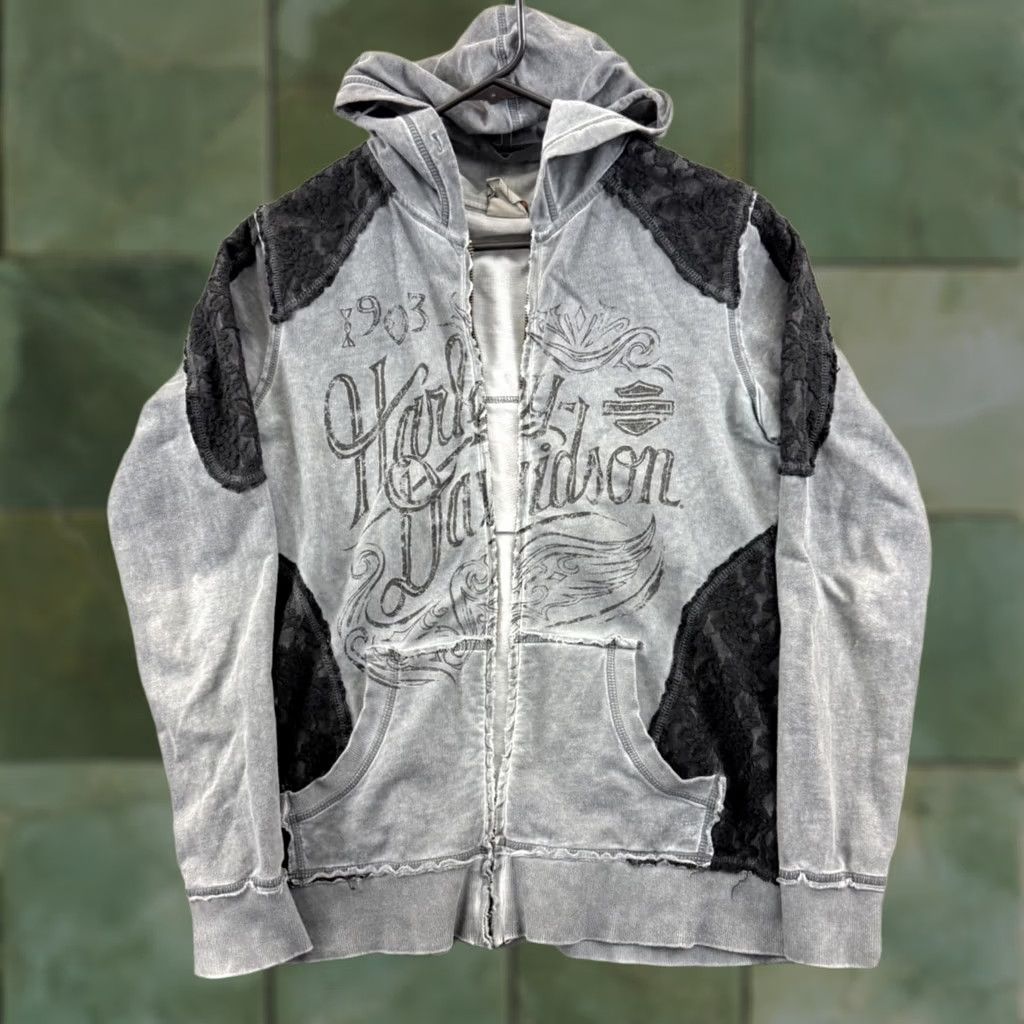 Harley Davidson VINTAGE Harley-Davidson Sweatshirt Womens Large Gray Biker Hoodie Grunge Y2K" Size L / US 10 / IT 46 - 1 Thumbnail