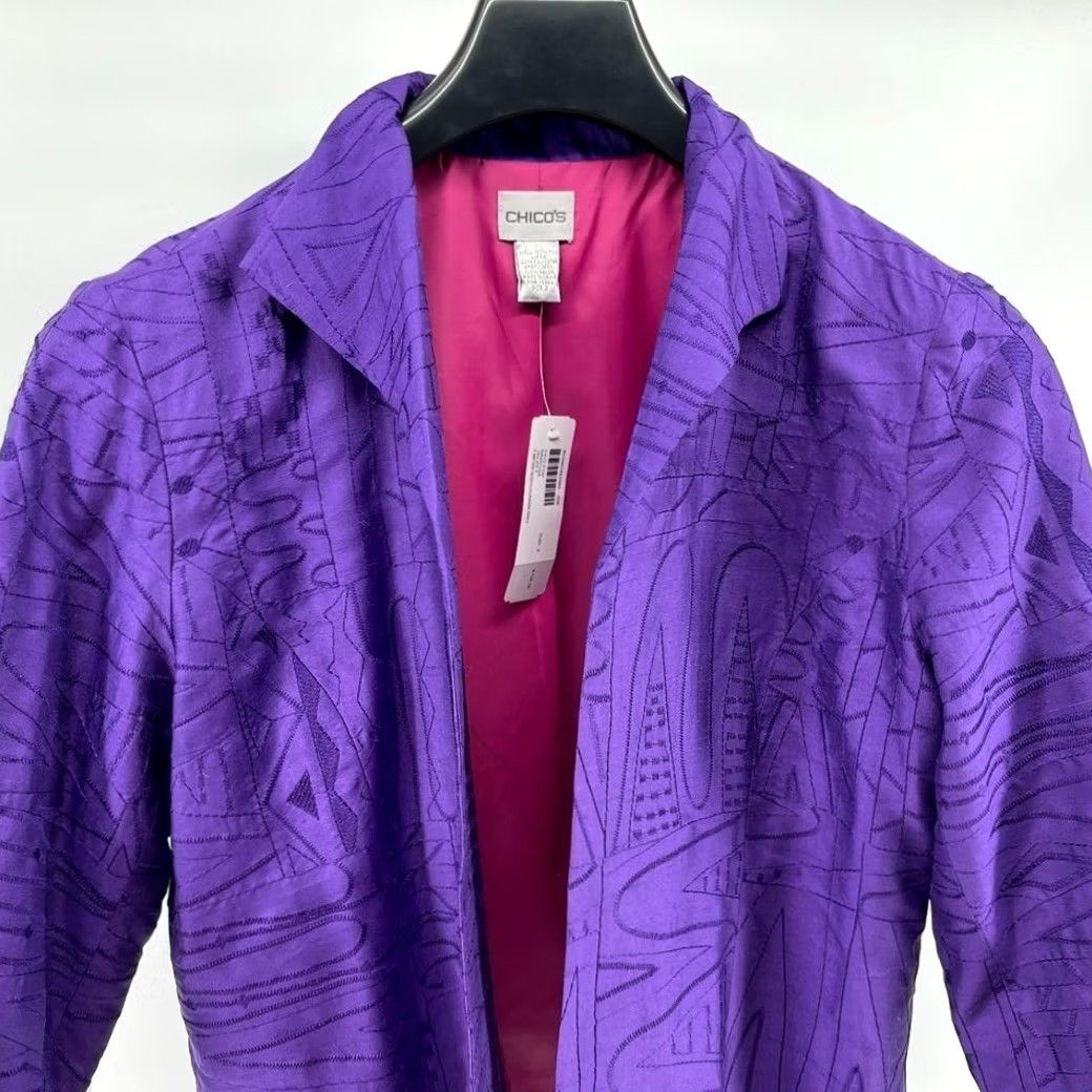Vintage Chicos Silk Jacket Mens 2 Medium Purple Embroidered Lined Size M / US 6-8 / IT 42-44 - 2 Thumbnail
