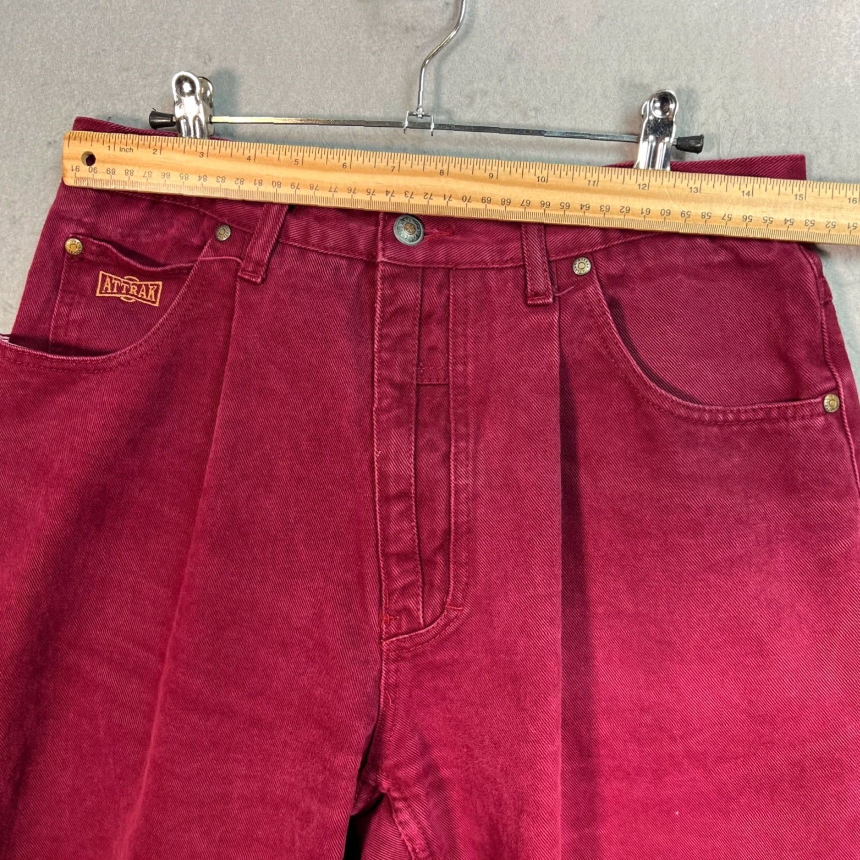 Vintage VINTAGE Attak Jeans 34 x 32 Dark Red High-Waisted 100% Cotton Denim 5-Pocket Mens Jeans Size 24" / US 00 / IT 34 - 6 Thumbnail