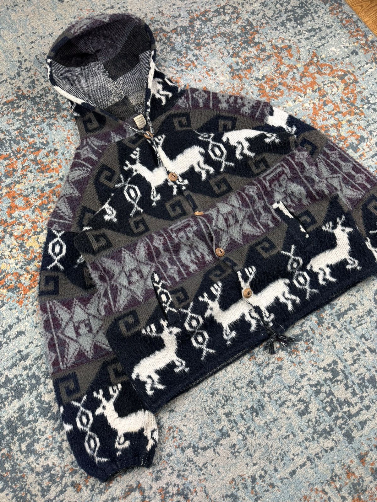 Handmade × Vintage Vintage 90s Andes handmade fuzzy knit sweater hoodie Size US L / EU 52-54 / 3 - 3 Thumbnail
