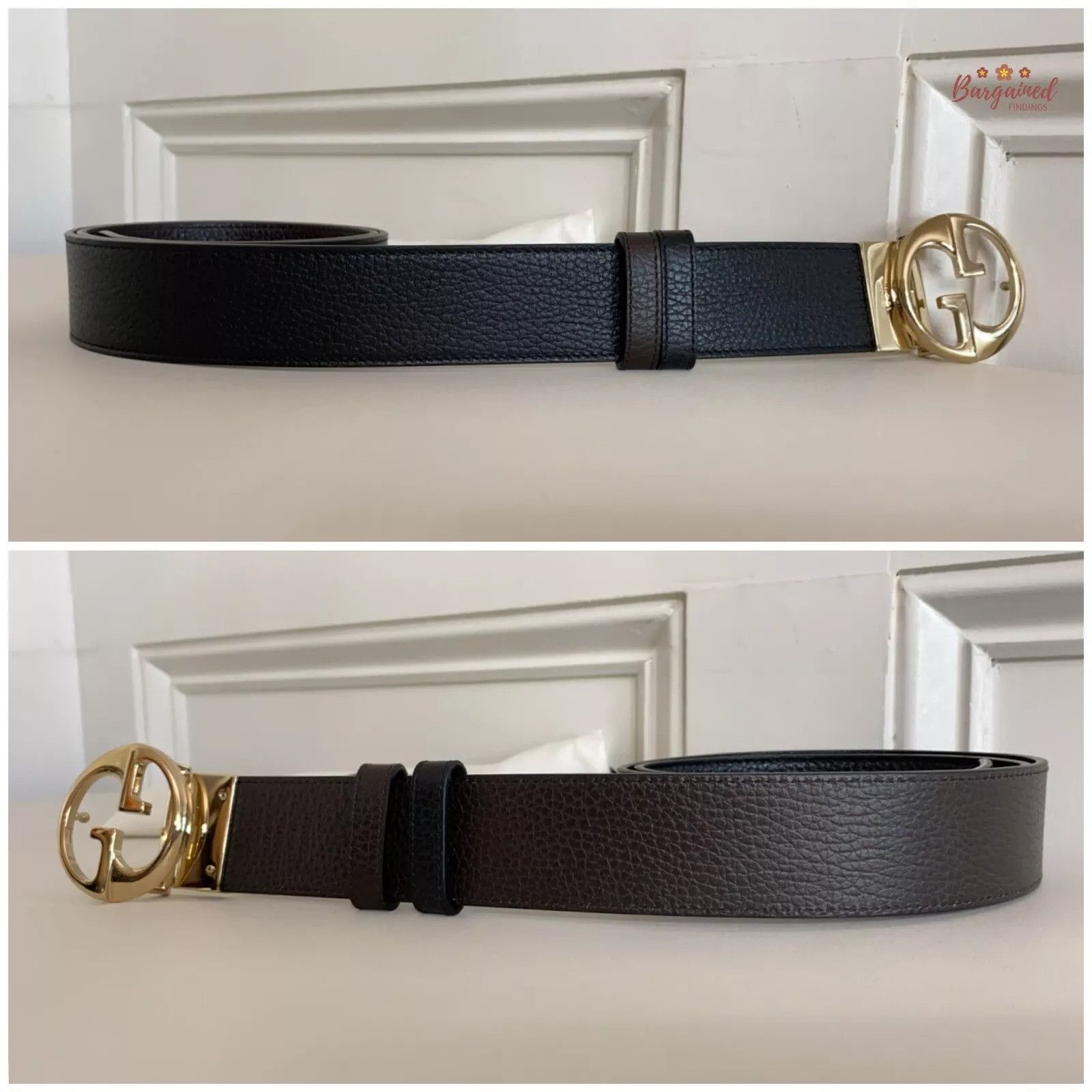 Gucci Gucci Black Pebbled Calf Leather Reversible Gold 1973 Belt Size 34 - 3 Thumbnail